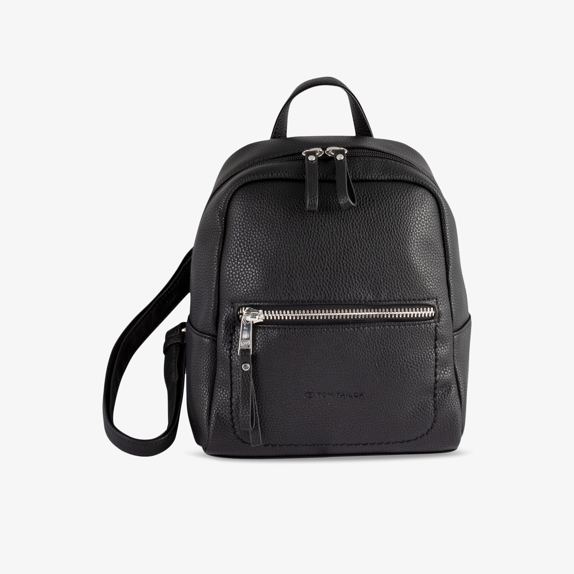 Kompakter schwarzer Rucksack mit Fronttasche, silbernem Reißverschluss und stilvollem Design für vielseitigen Einsatz.