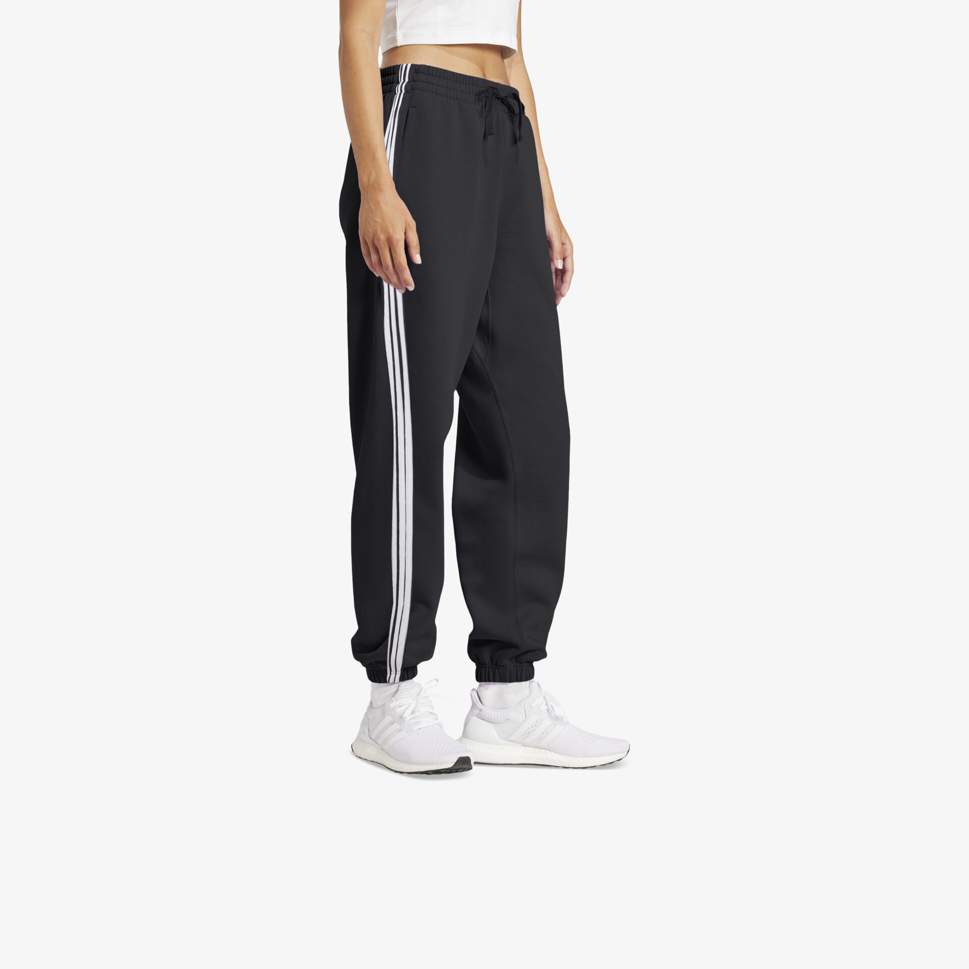 Schwarze sportliche Hose mit weißen Seitenstreifen, elastisch und bequem für Freizeit und Fitness