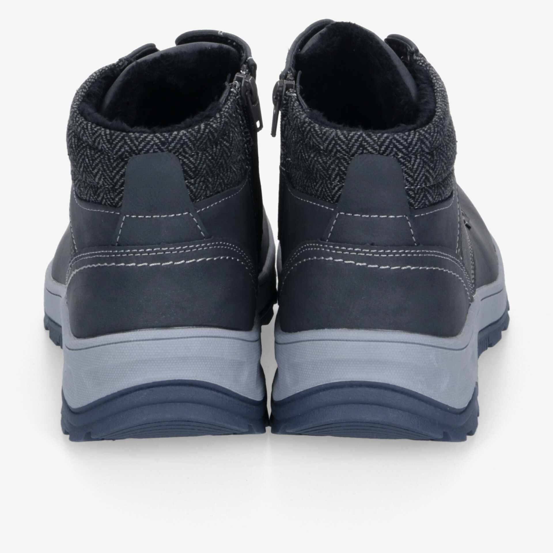 Robuste und gepolsterte Schuhe in Grau und Blau mit rutschfester Sohle, Rückansicht