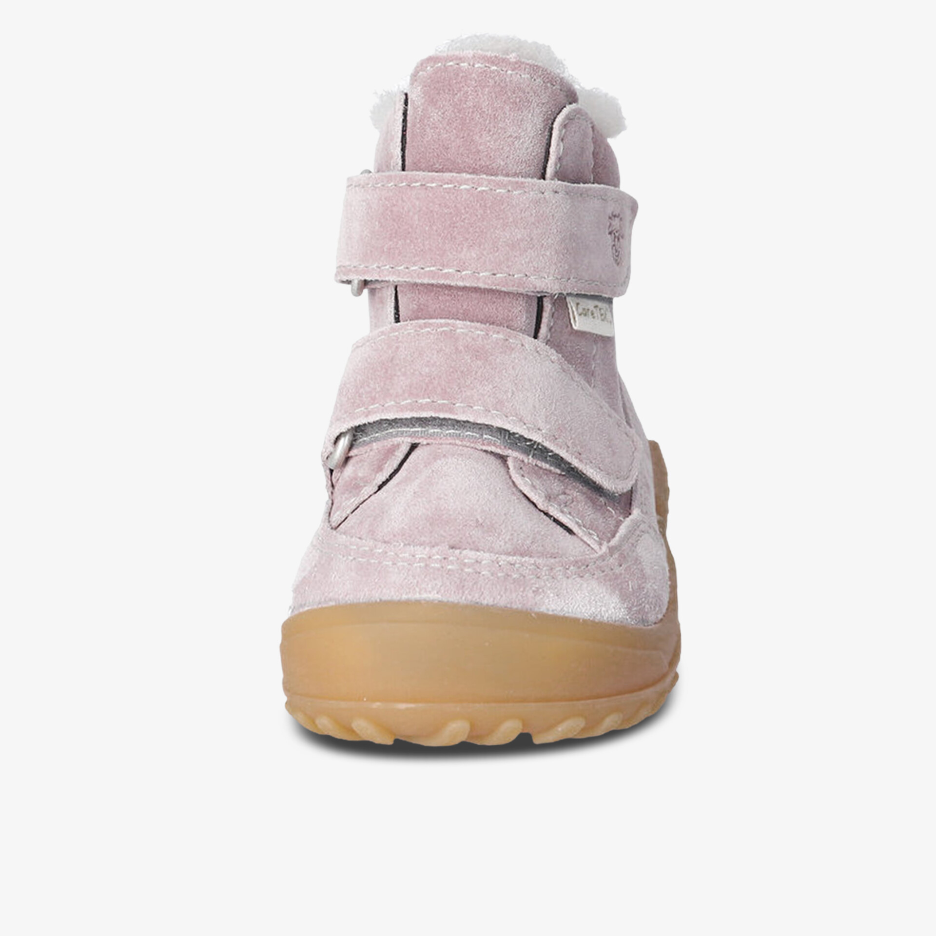 Frontansicht Veloursleder Schuh mit Klettverschluss und flexibler, rutschfester Sohle für bequemen Tragekomfort