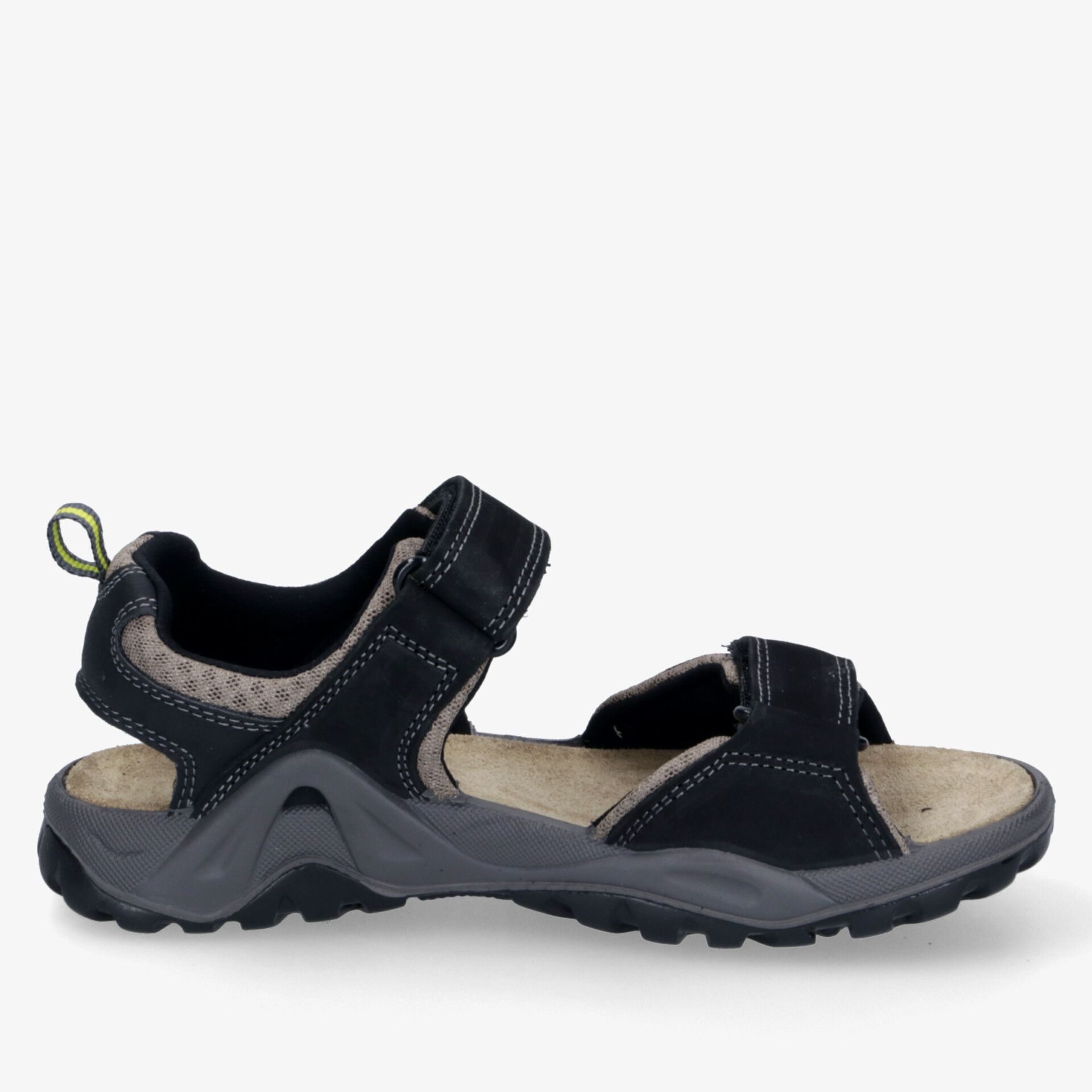 Sportliche schwarze Outdoor-Sandale mit verstellbaren Klettverschlüssen und rutschfester Profilsohle