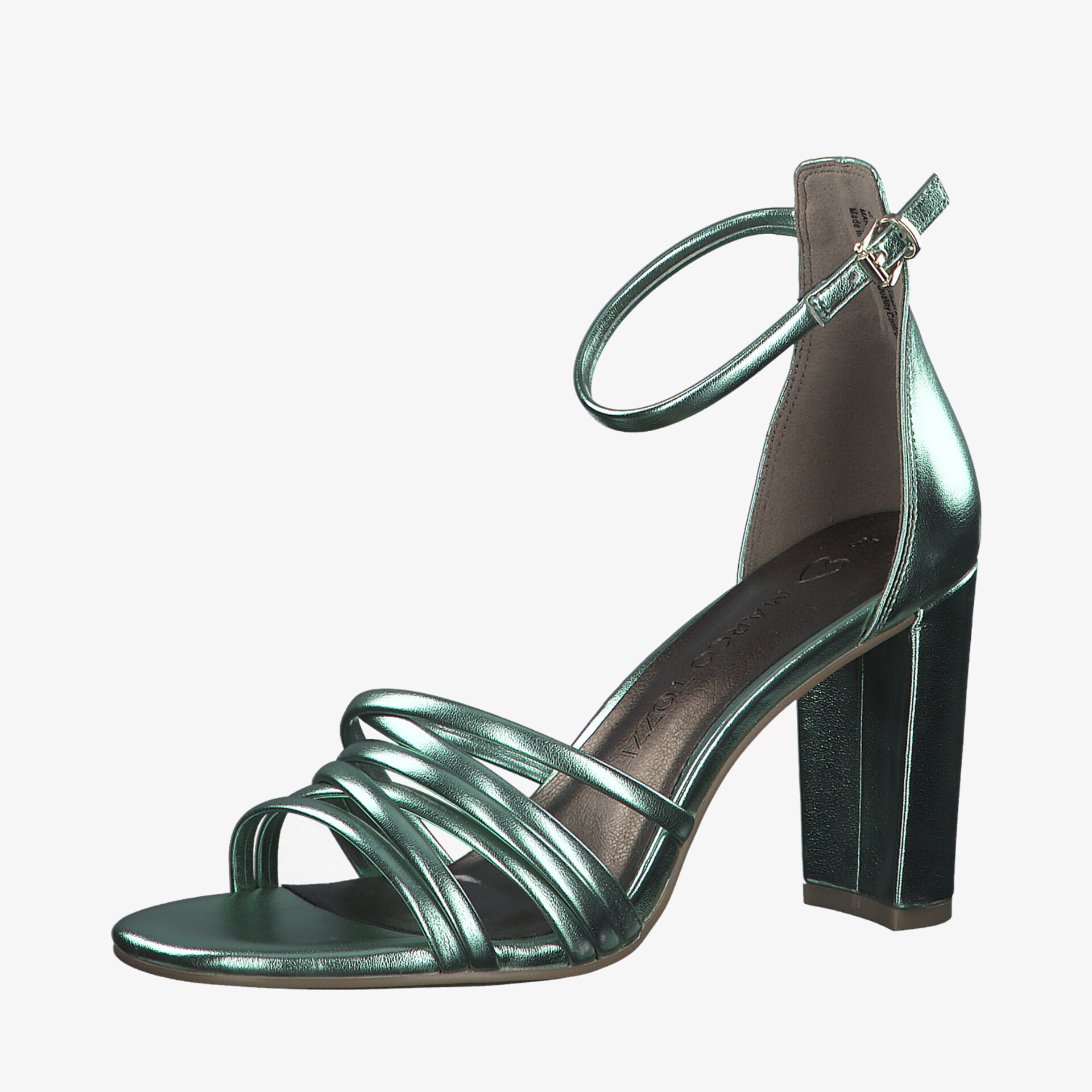 Stylische metallic Riemchensandale mit Blockabsatz und verstellbarem Knöchelriemen, perfekt für besondere Anlässe.