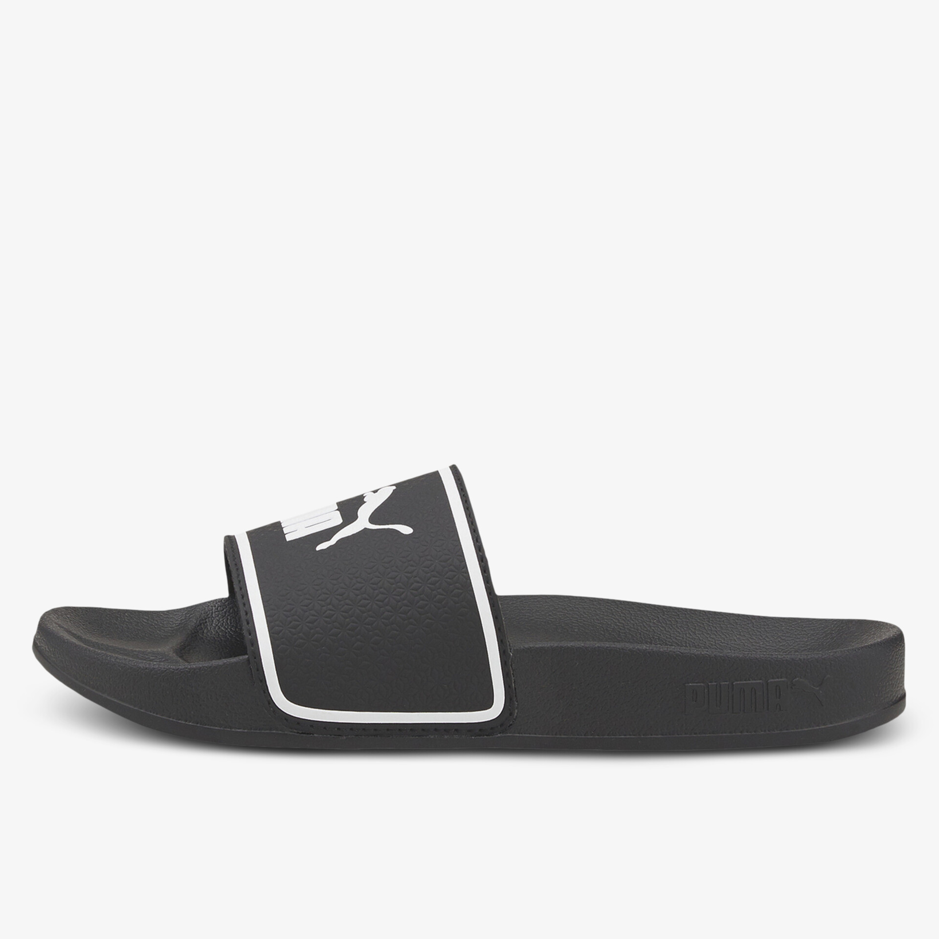 Schwarze Slide Sandale mit weißem Logo und bequemer gepolsterter Riemen