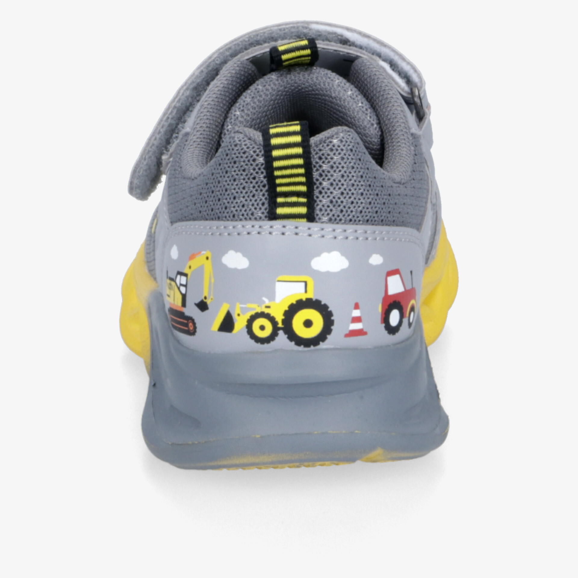Robuster Kinder Sportschuh mit gepolsterter Passform und auffälligem Baumaschinen-Motiv in Grau und Gelb, Rückansicht