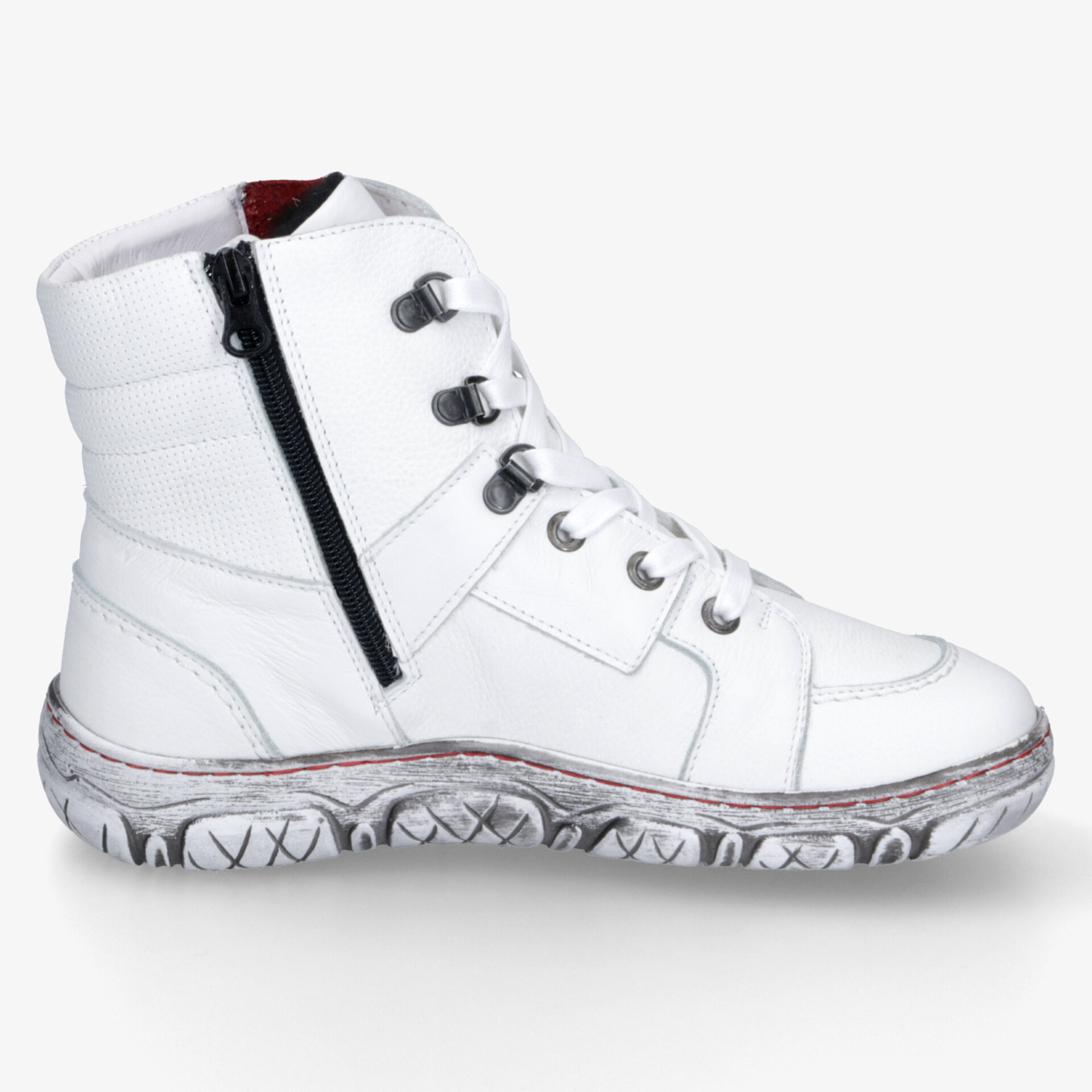 Weißer Sneaker mit seitlichem Reißverschluss und Schnürung, bequeme Passform und robuster profilierter Sohle