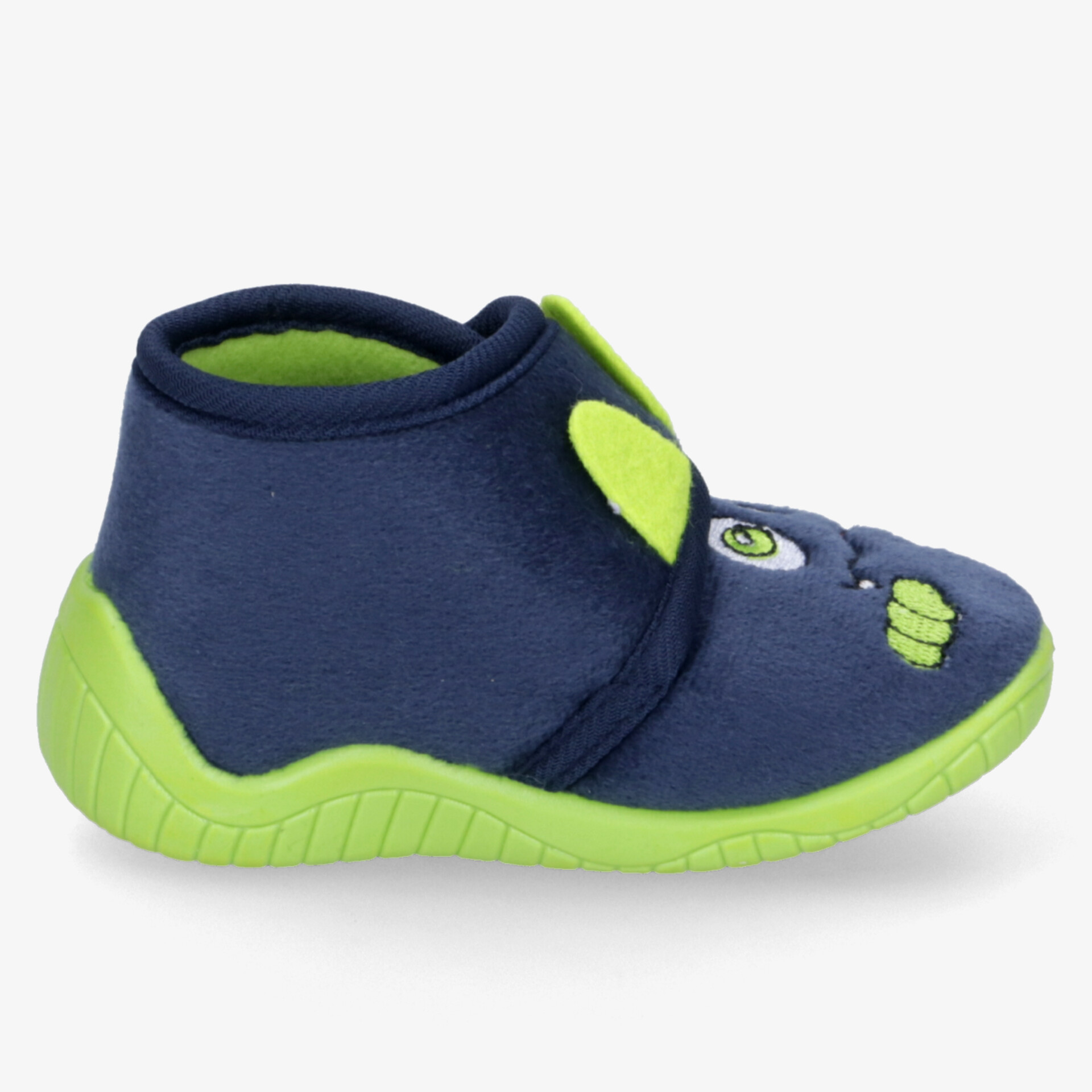 Leichter, bequemer Kinderschuh in Blau mit grünem Profil, flexible rutschfeste Sohle und weichem Material