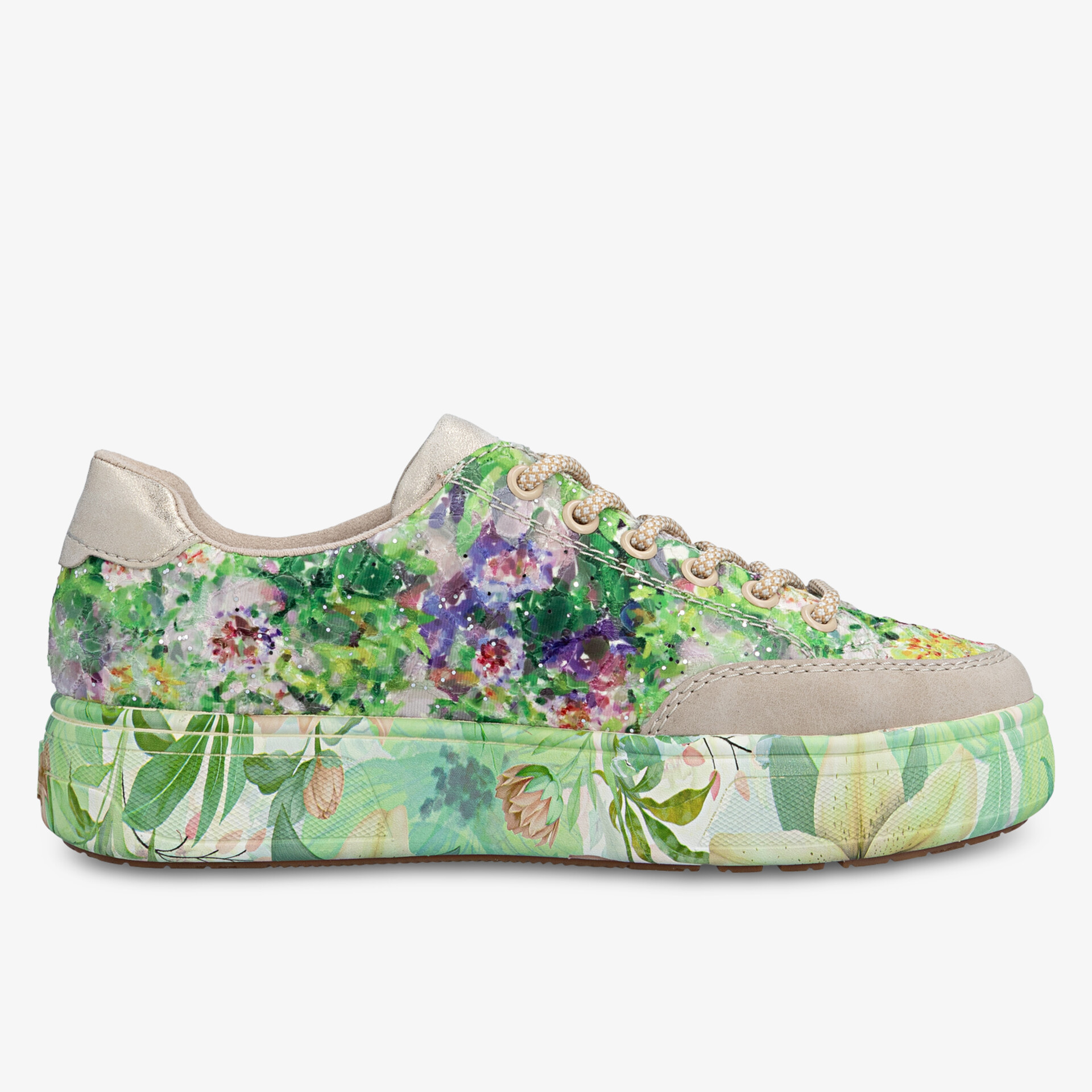 Seitliche Ansicht bunter Sneakers mit grünem Blumenmuster und bequemer Plateau-Sohle
