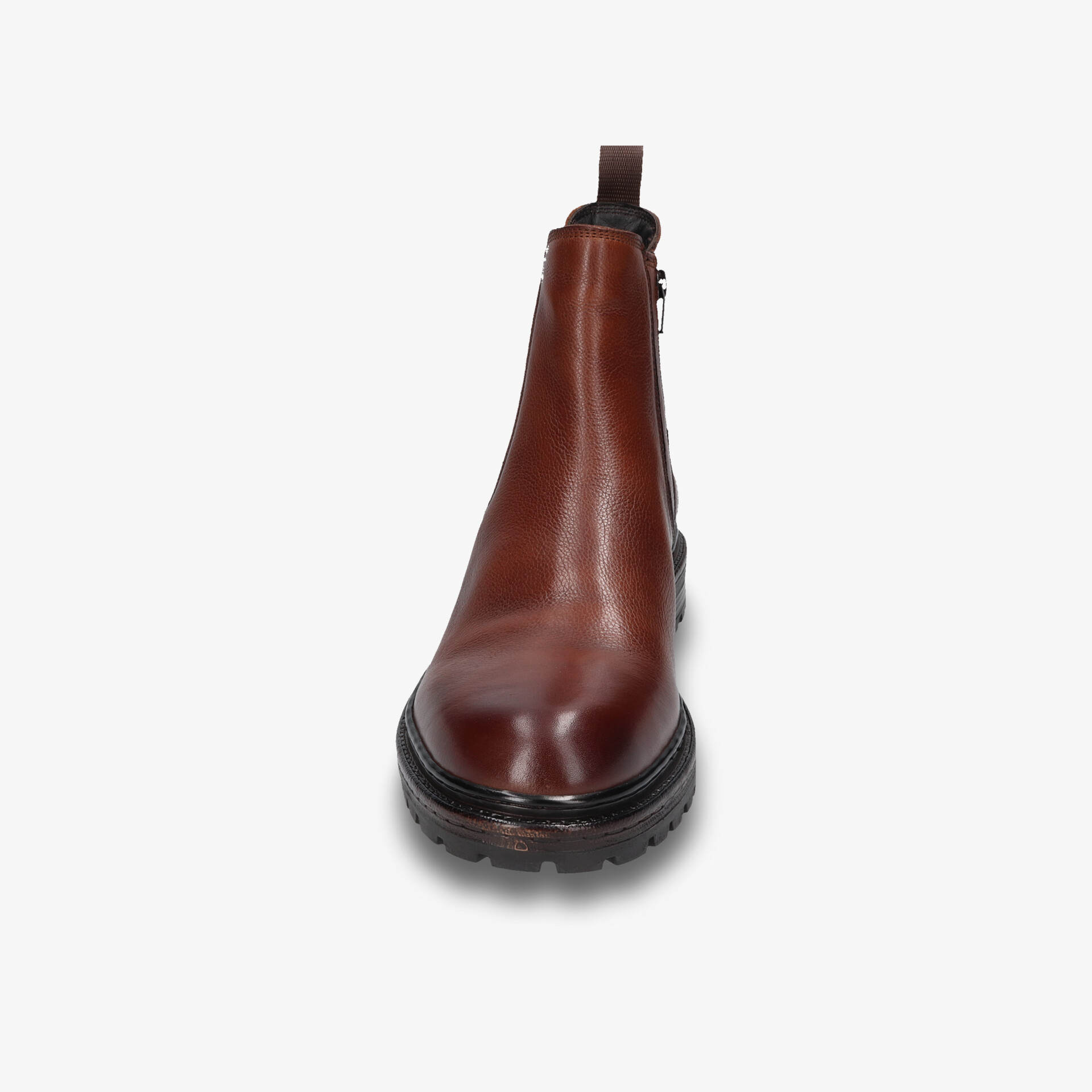 Eleganter brauner Lederstiefel mit robuster, rutschfester Sohle und hohem Schaft in Frontansicht