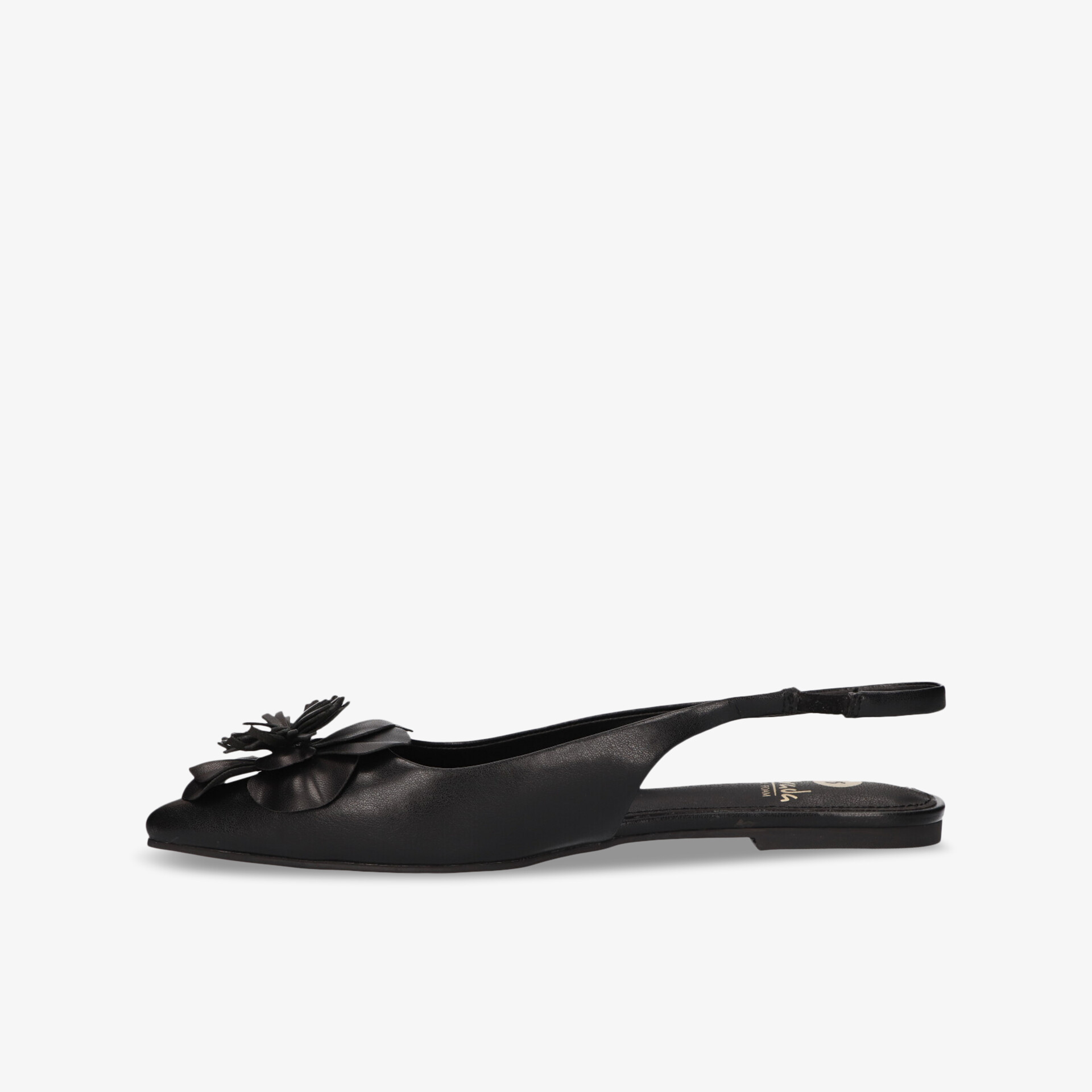 Eleganter schwarzer Slingback-Schuh mit Schleifendetail und spitzer Form, flach und bequem tragbar