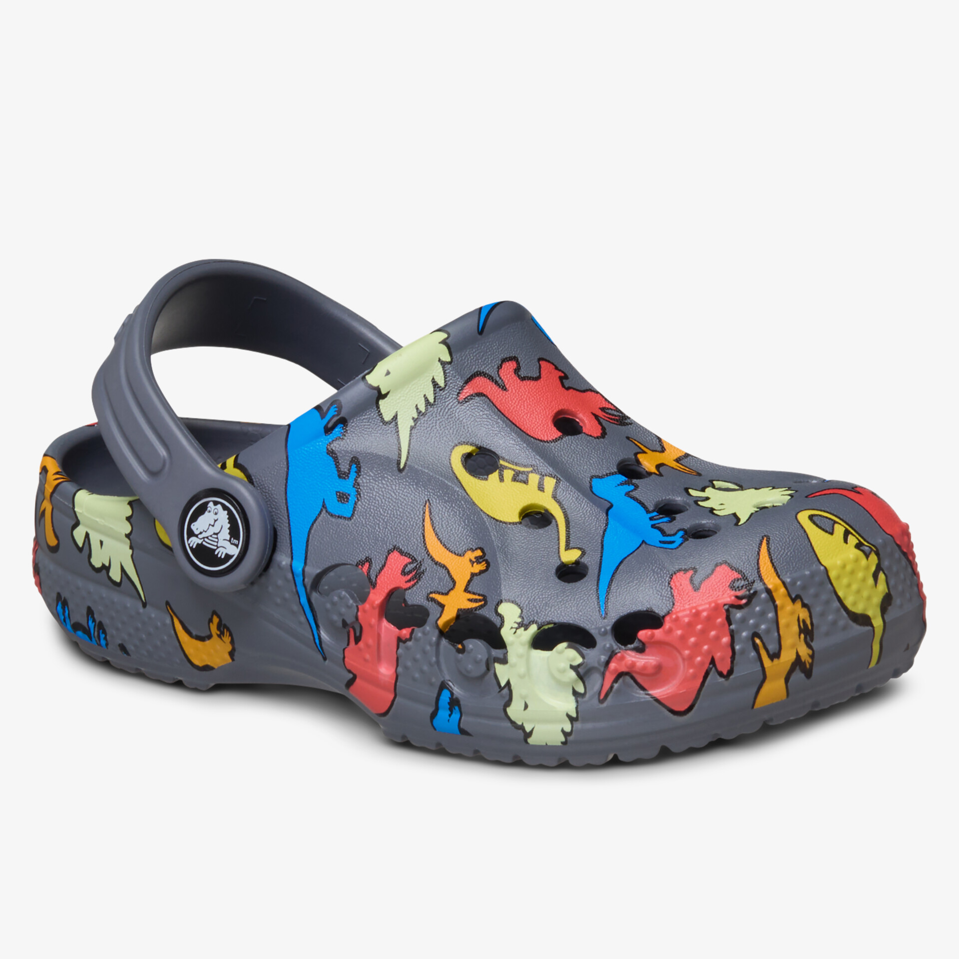 Grauer Schuh mit buntem Dinosauriermuster, ideal für Komfort und Stil.