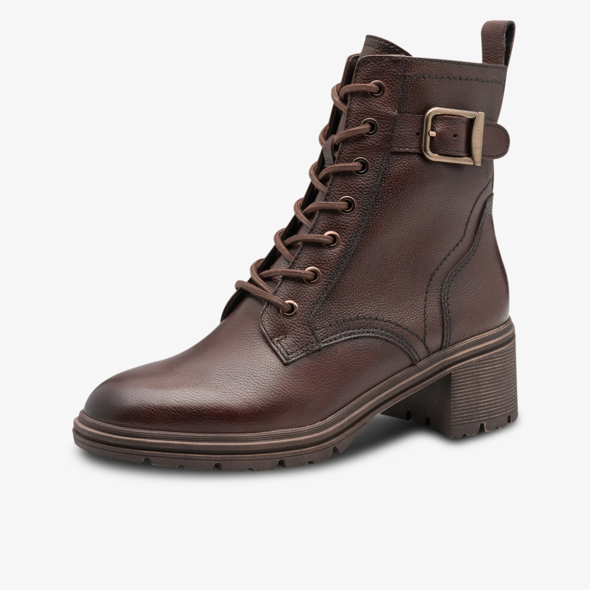 Robuster Stiefeletten-Stiefel aus hochwertigem Leder mit Schnürung und dekorativer Schnalle, bequemer Absatz