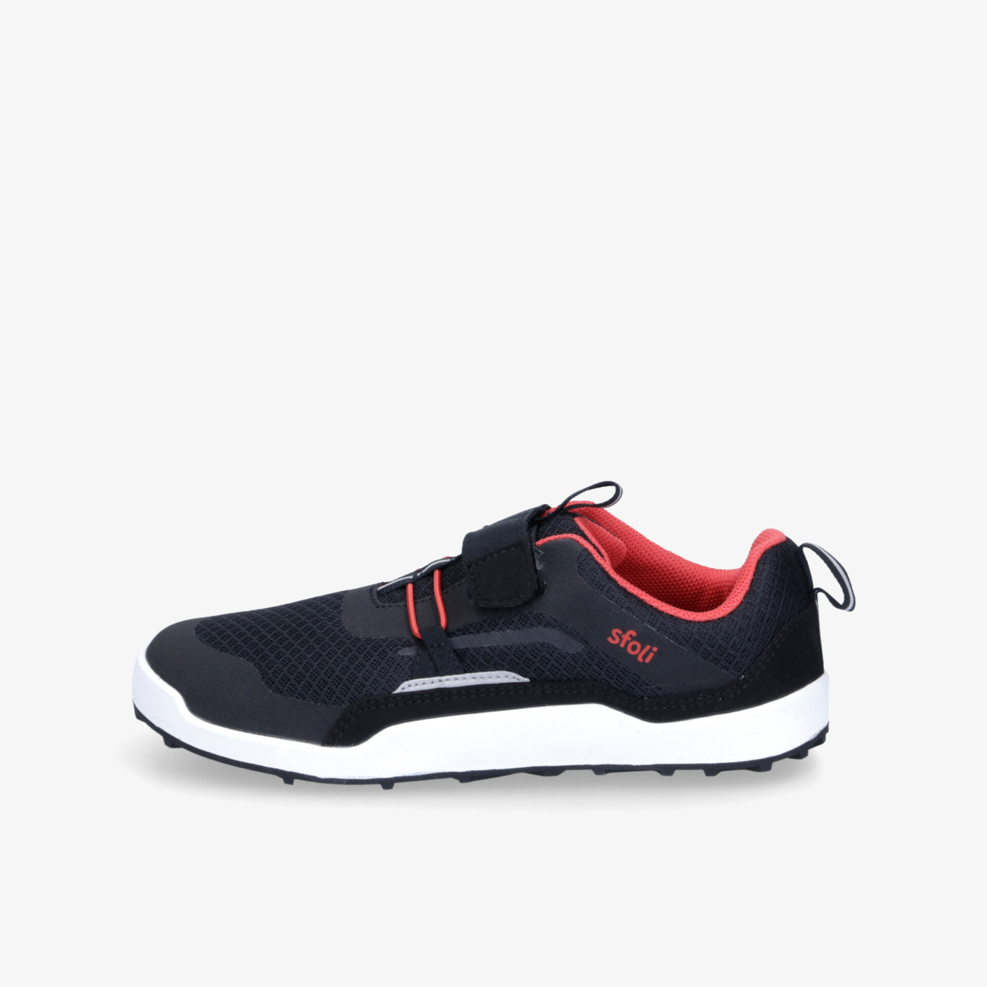 Moderner schwarzer Sneaker mit rotem Innenfutter, leichter und bequemer Sportschuh mit rutschfester Sohle und sportlichem Design