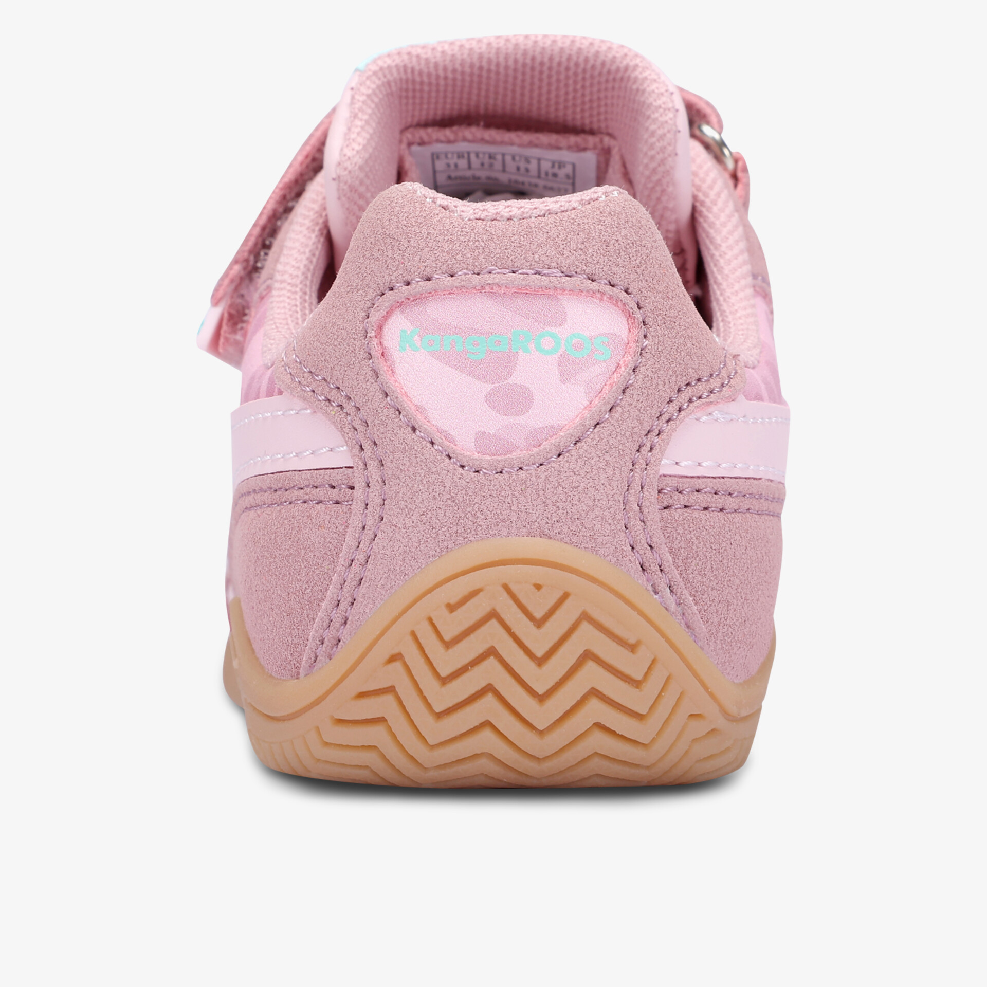 Rückansicht eines rosa Kinderschuhs mit Klettverschluss und rutschfester Gummisohle für sicheren Halt