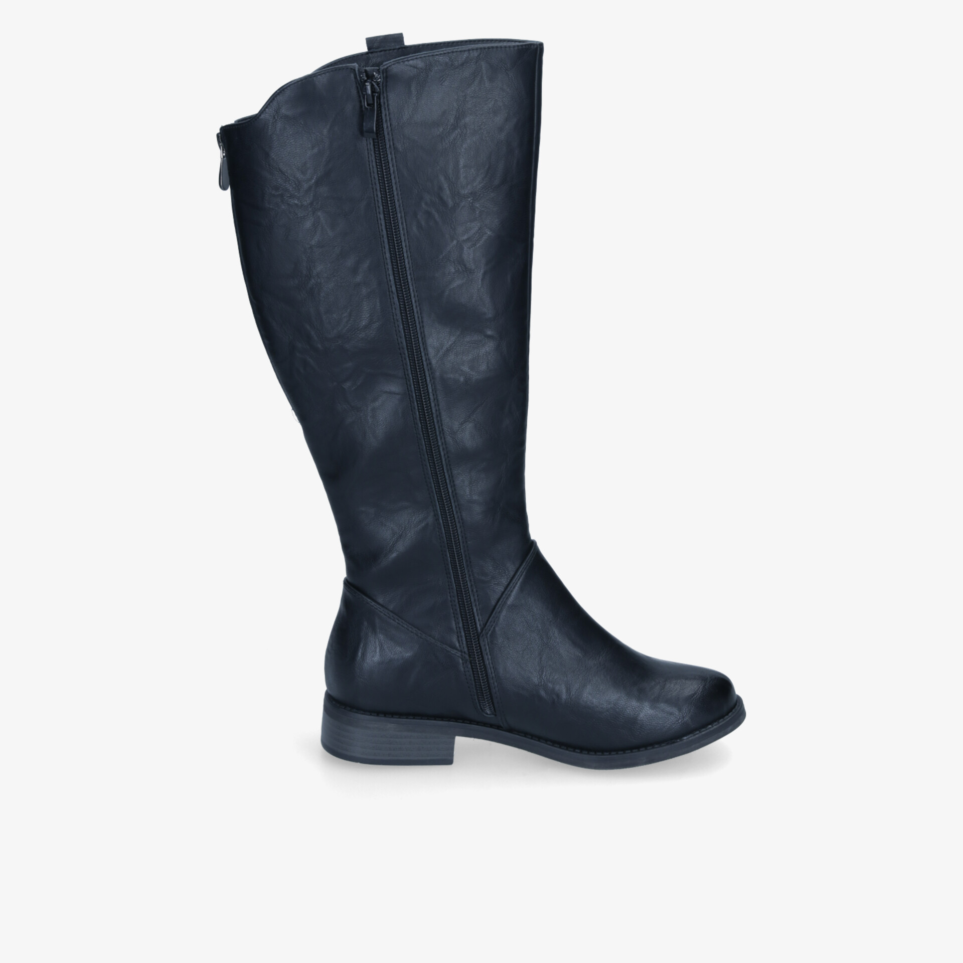 Schwarzer hochschaftstiefel mit flachem absatz und reißverschluss, seitliche klare ansicht, elegantes und komfortables design