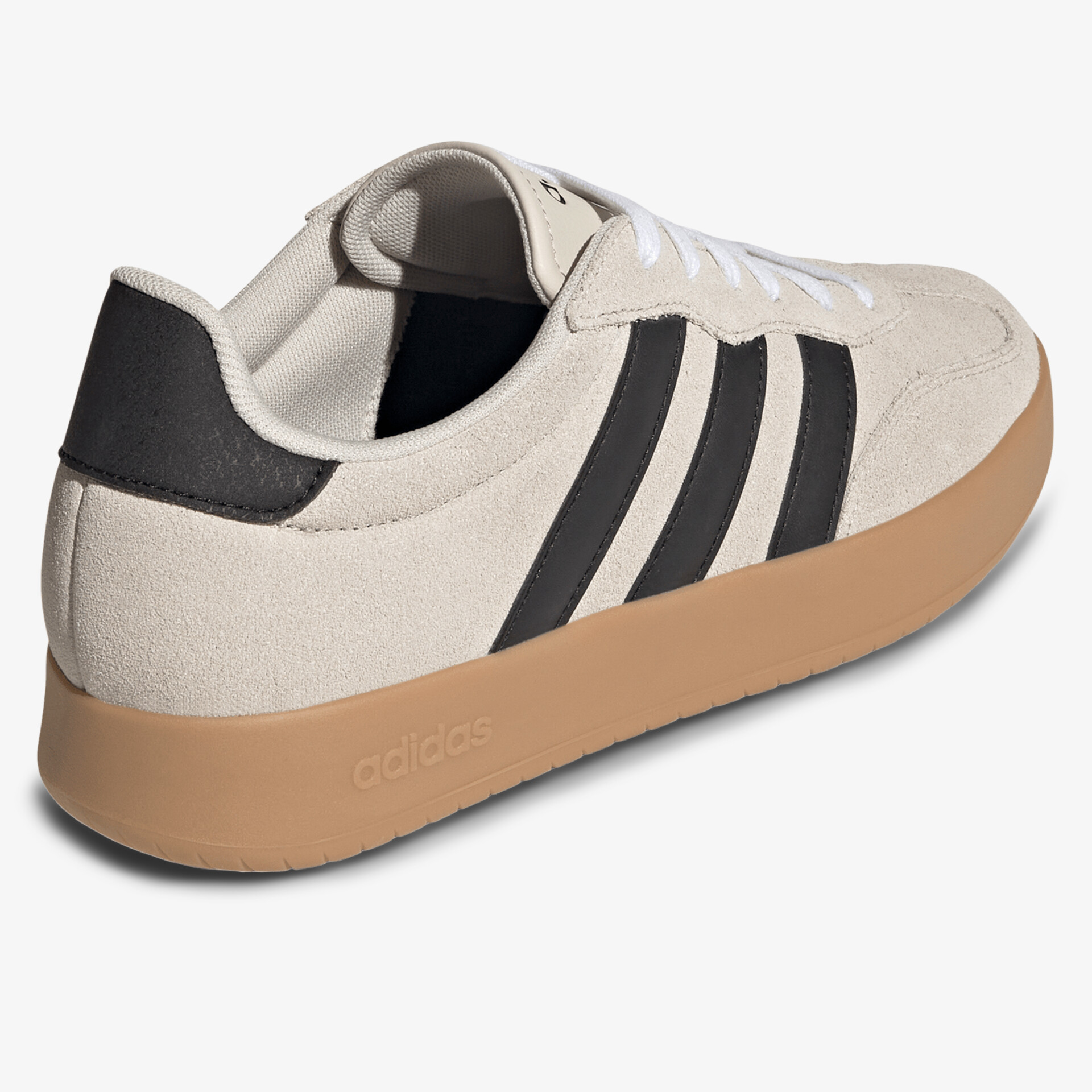 Moderner Sneaker in Creme mit schwarzen Streifen und brauner robusten Sohle, bequem und stylisch