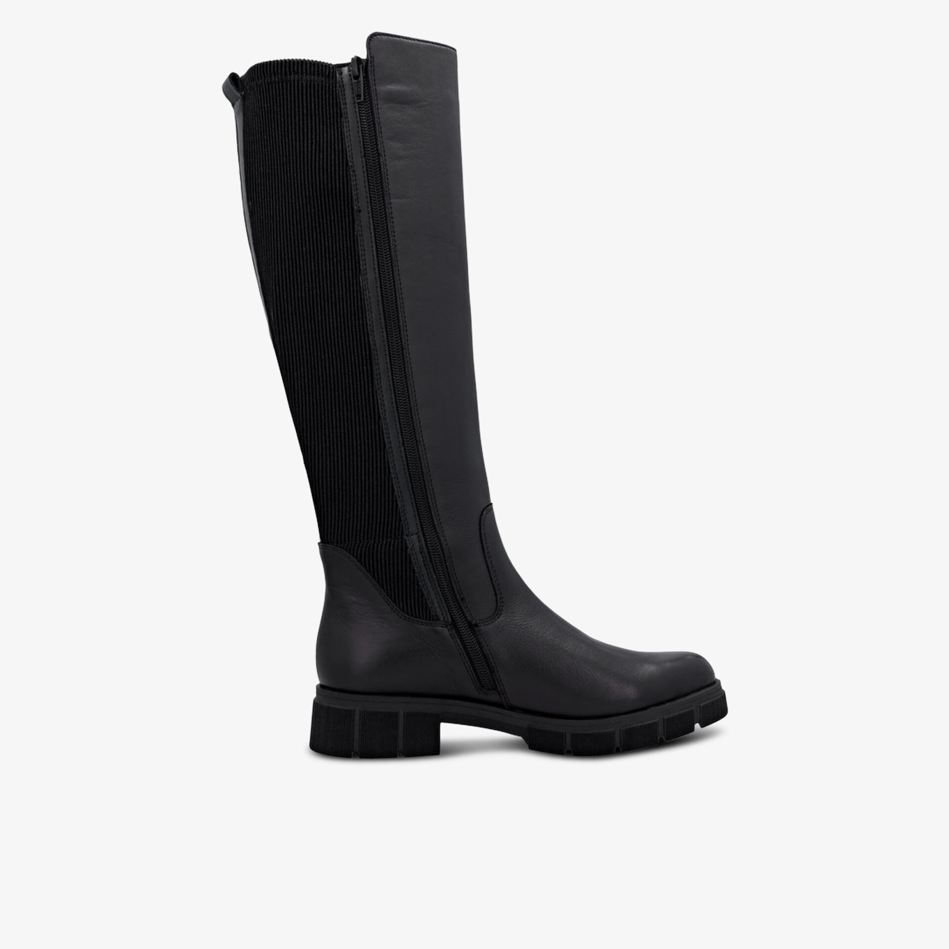 Seitlich sichtbarer schwarzer Stiefel aus Leder mit robustem Absatz und durchgehendem Reißverschluss