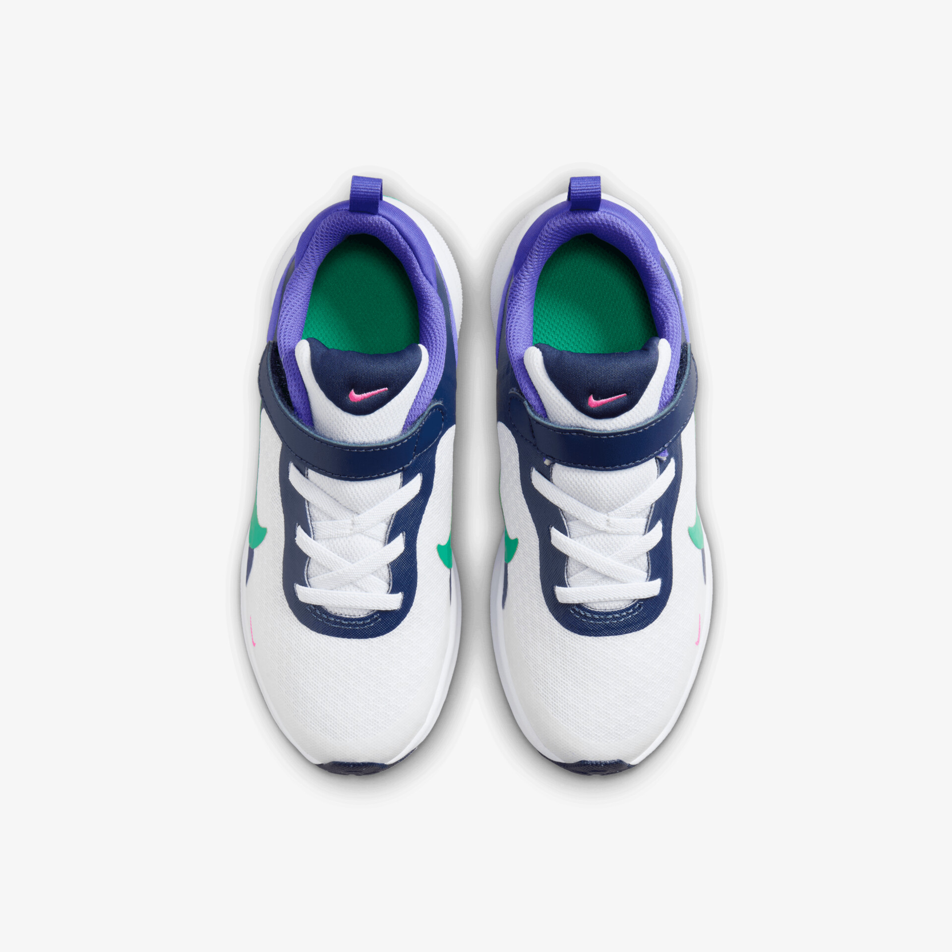 Sportliche weiße Sneaker mit blau-grünen Akzenten, gepolstert, leicht und atmungsaktiv, Paar Draufsicht