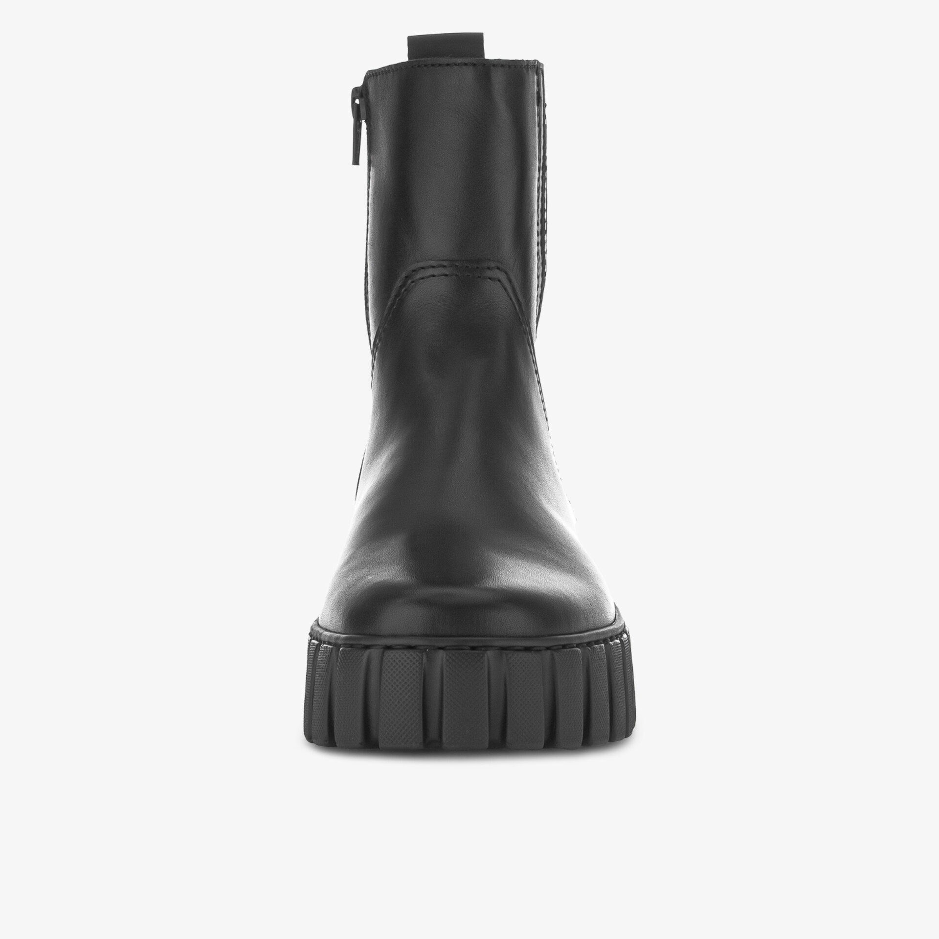 Moderner schwarzer Stiefel aus Leder mit robuster rutschfester Profilsohle, sportliches und strapazierfähiges Design