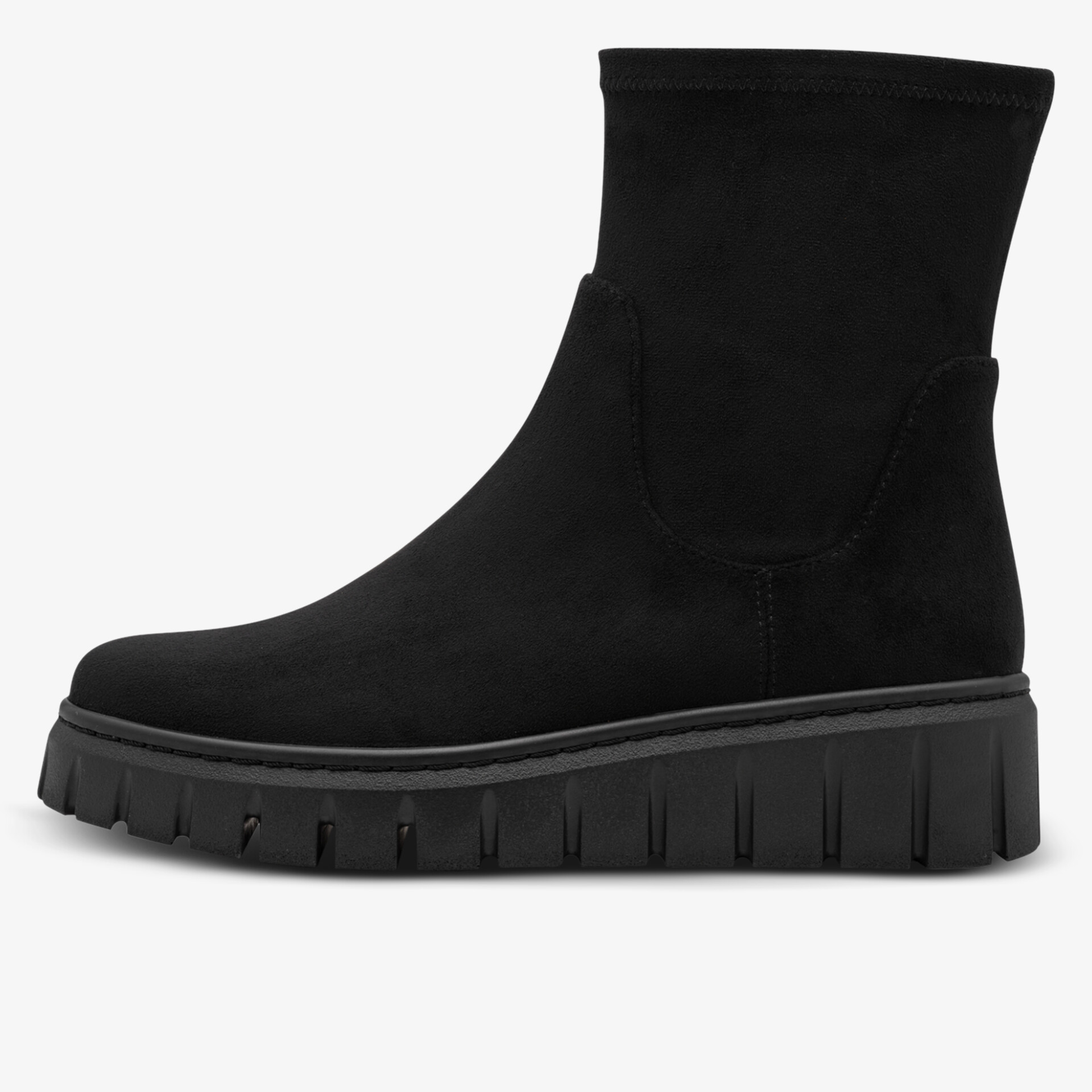 Schwarzer eleganter Wildlederstiefel mit komfortabler Plateau-Gummisohle und modernem, schlichtem Design