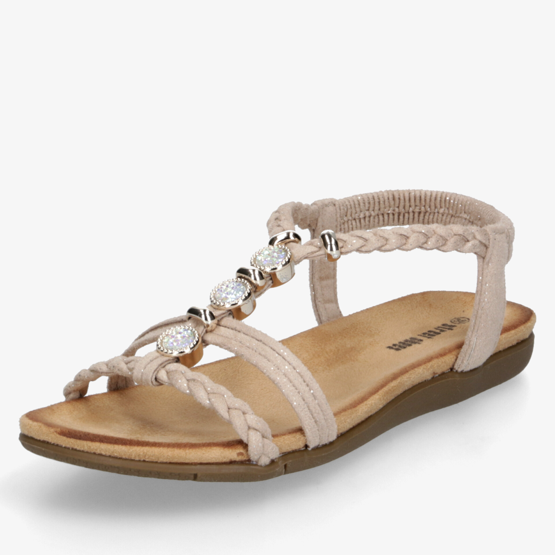 Beige flache Sandalette mit geflochtenen Riemen und funkelnder Strassverzierung für bequemen, leichten Tragekomfort