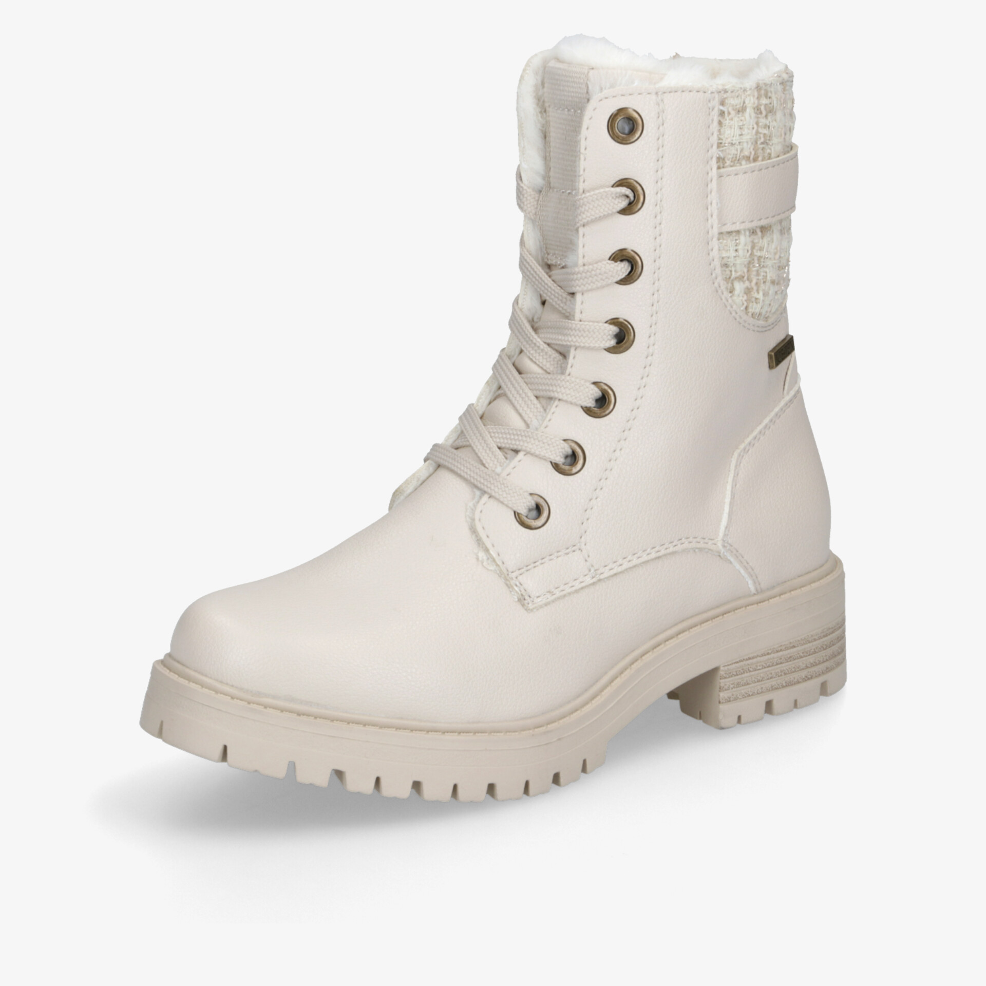 Eleganter weißer Stiefel mit Schnürung und robuster Sohle, ideal für kalte Tage