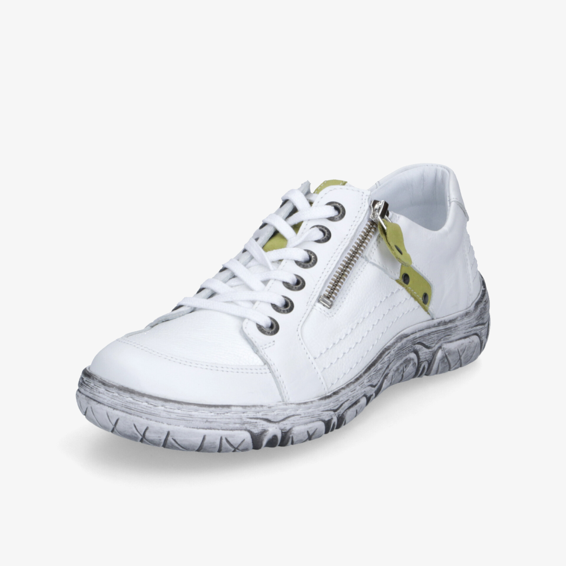 Moderner weißer Sneaker mit seitlichem Reißverschluss und rutschfester Sohle für hohen Tragekomfort