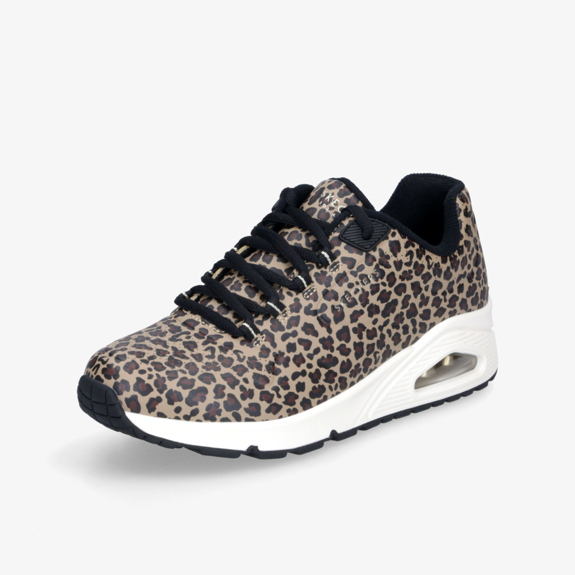Leichter Sneaker mit modischem Leopardenmuster und stoßdämpfender Sohle in schräger Frontansicht