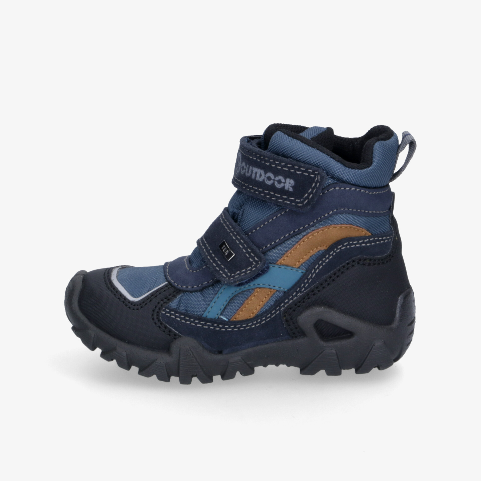 Robuster blauer Trekkingschuh seitliche Ansicht mit rutschfester Sohle und stabilen Klettverschlüssen