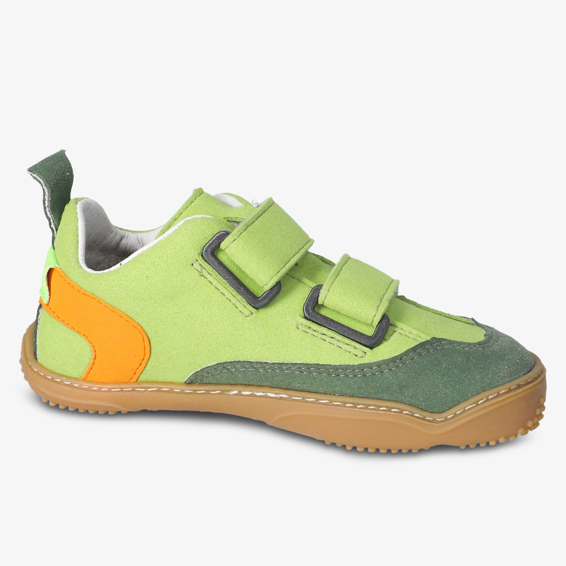 Grüner Schuh mit doppeltem Klettverschluss und strapazierfähiger Sohle.