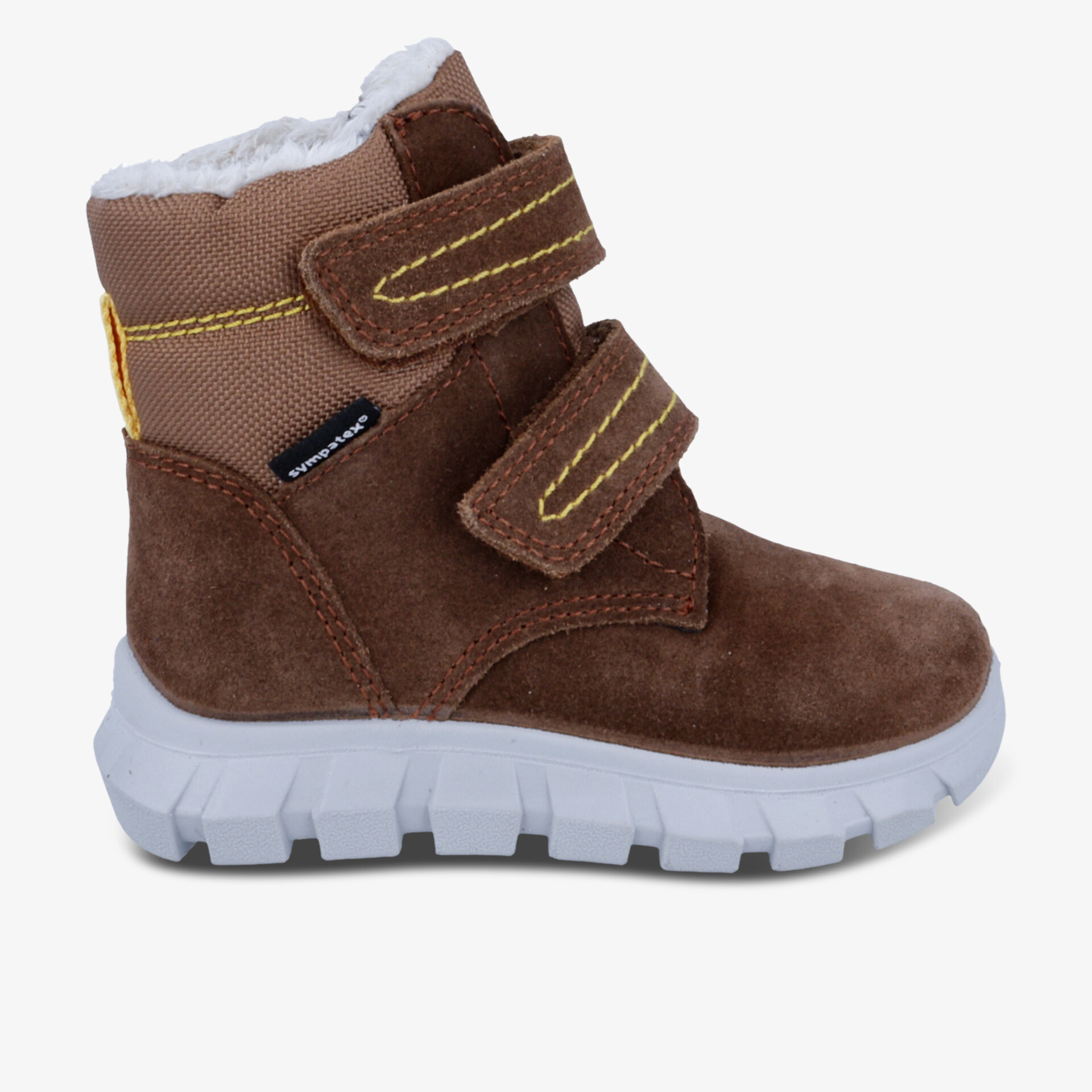 warmer brauner Winterstiefel mit rutschfester weißer Sohle und verstellbaren Klettverschlüssen