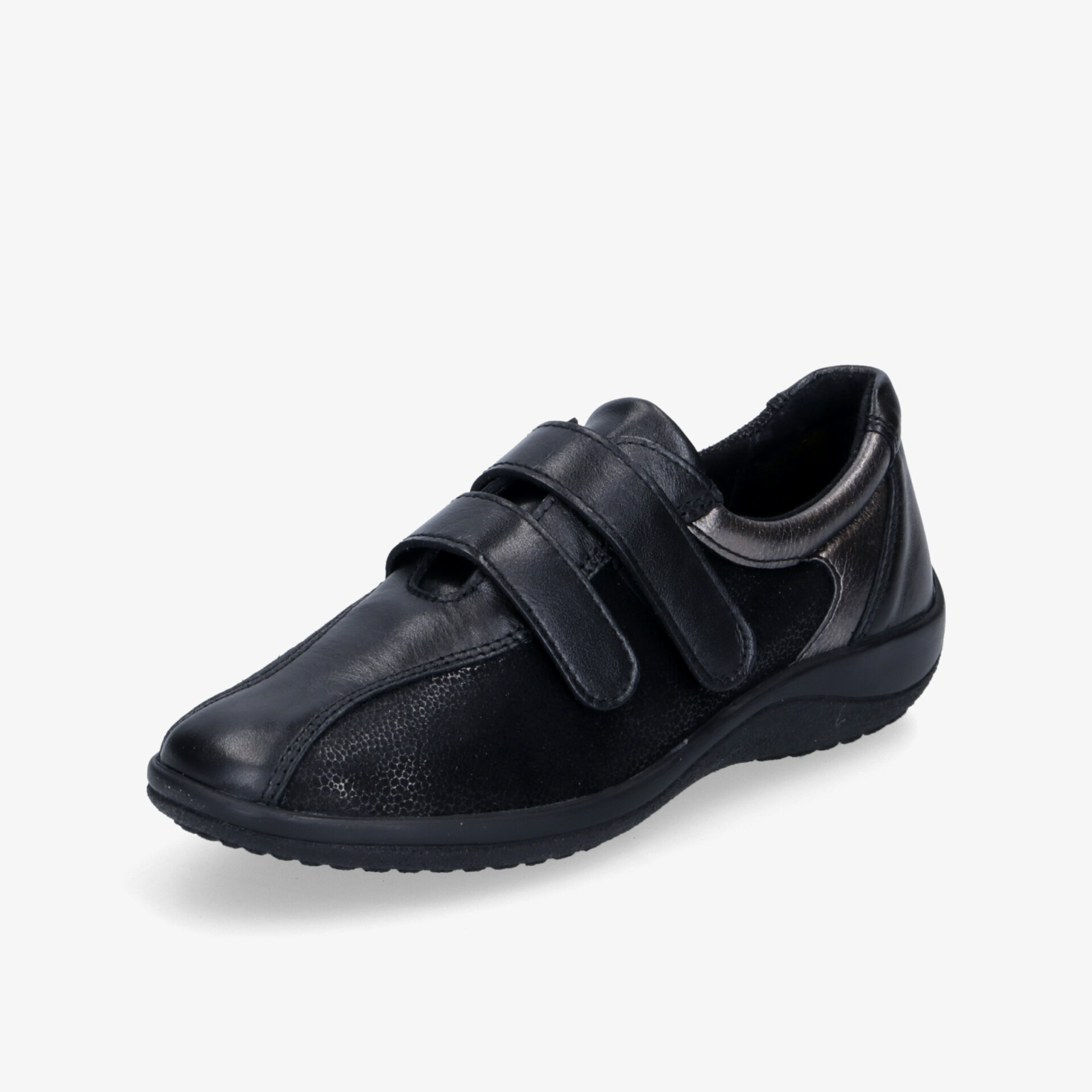 Bequemer Schuh mit Klettverschluss und rutschfester Sohle in elegantem Schwarz.