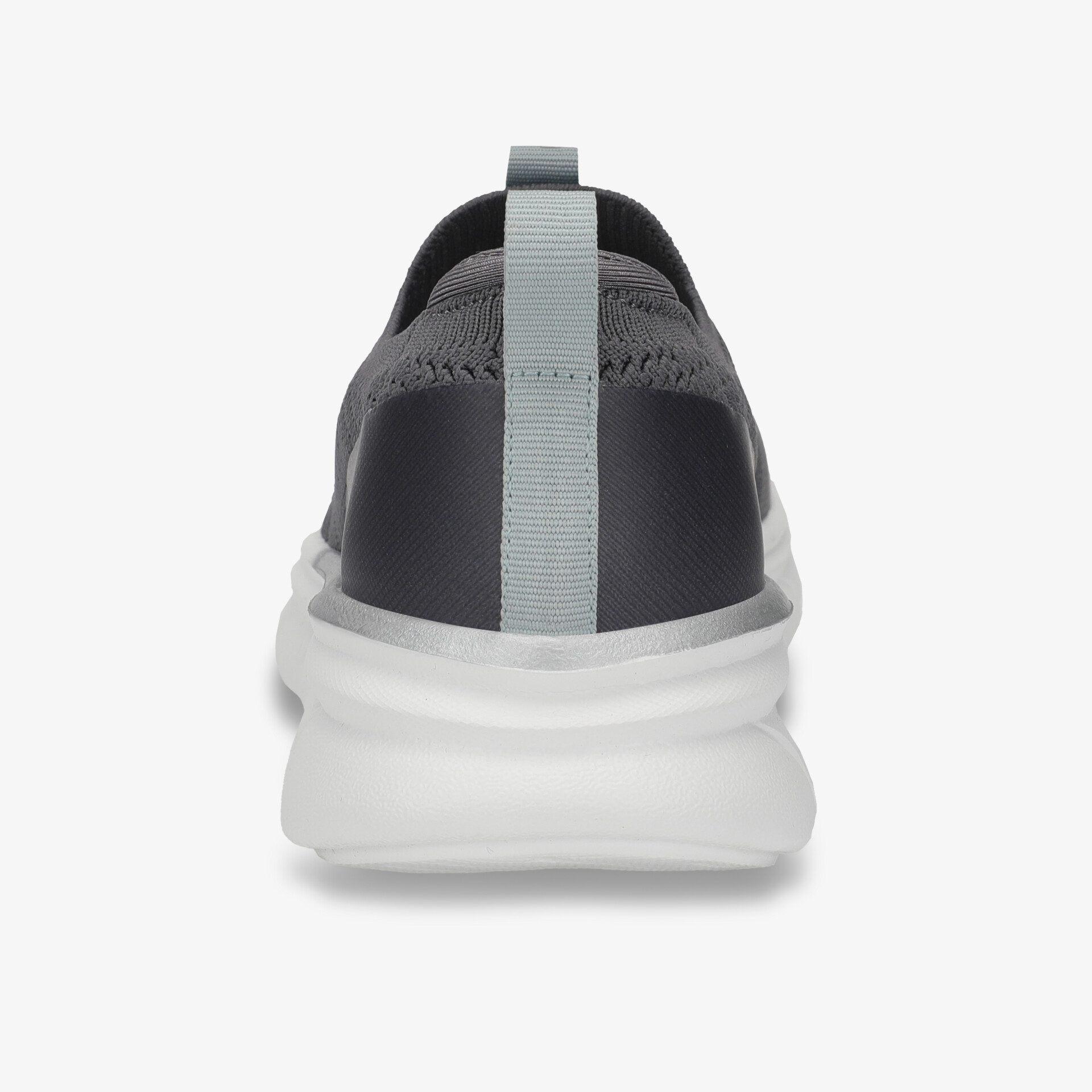 Schuh Rückansicht mit grauem Obermaterial und weißer flexibler rutschfester Sohle, gepolsterter Komfortkragen