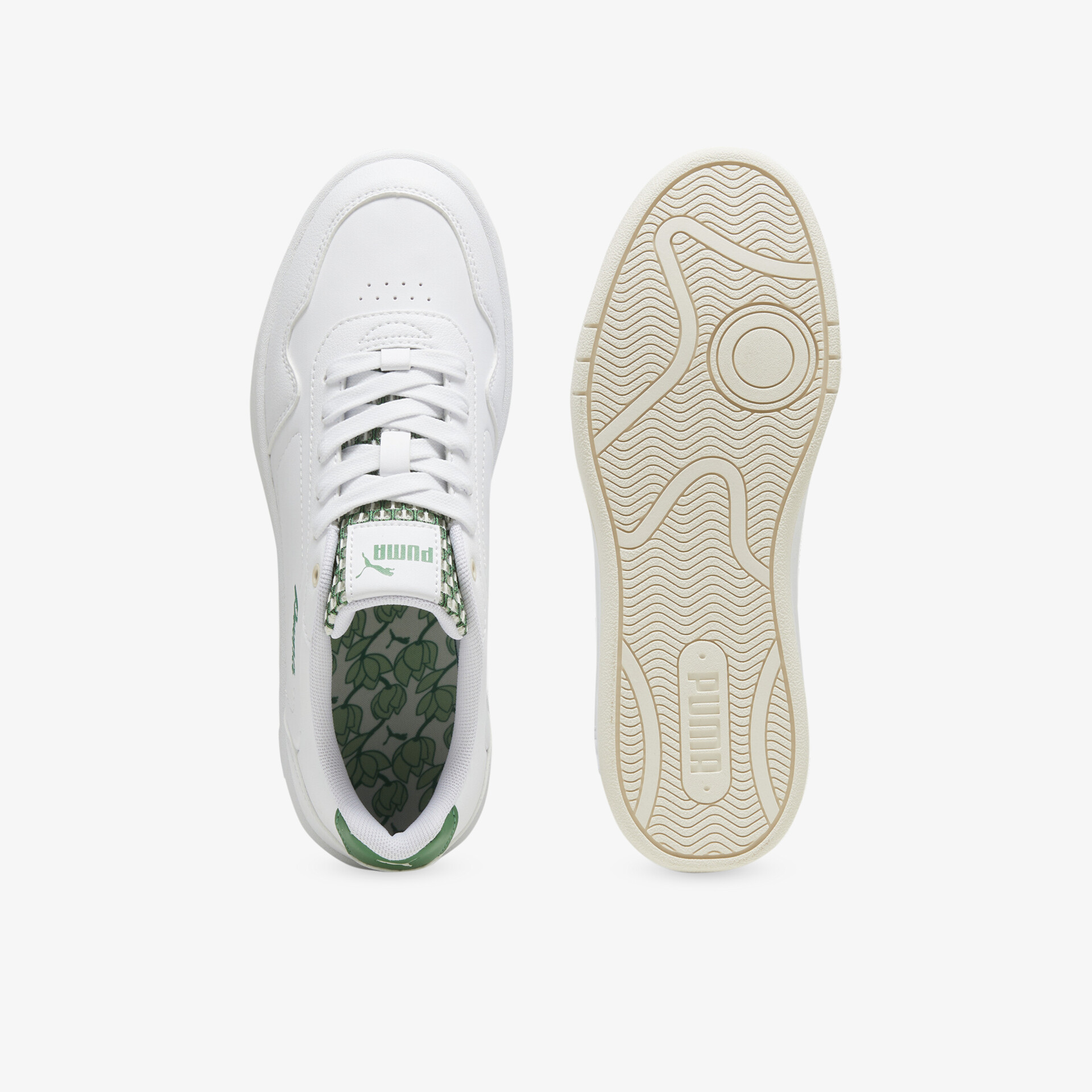 Weiße Sneaker mit rutschfester Sohle und atmungsaktivem Material in Draufsicht, moderner sportlicher Schuh