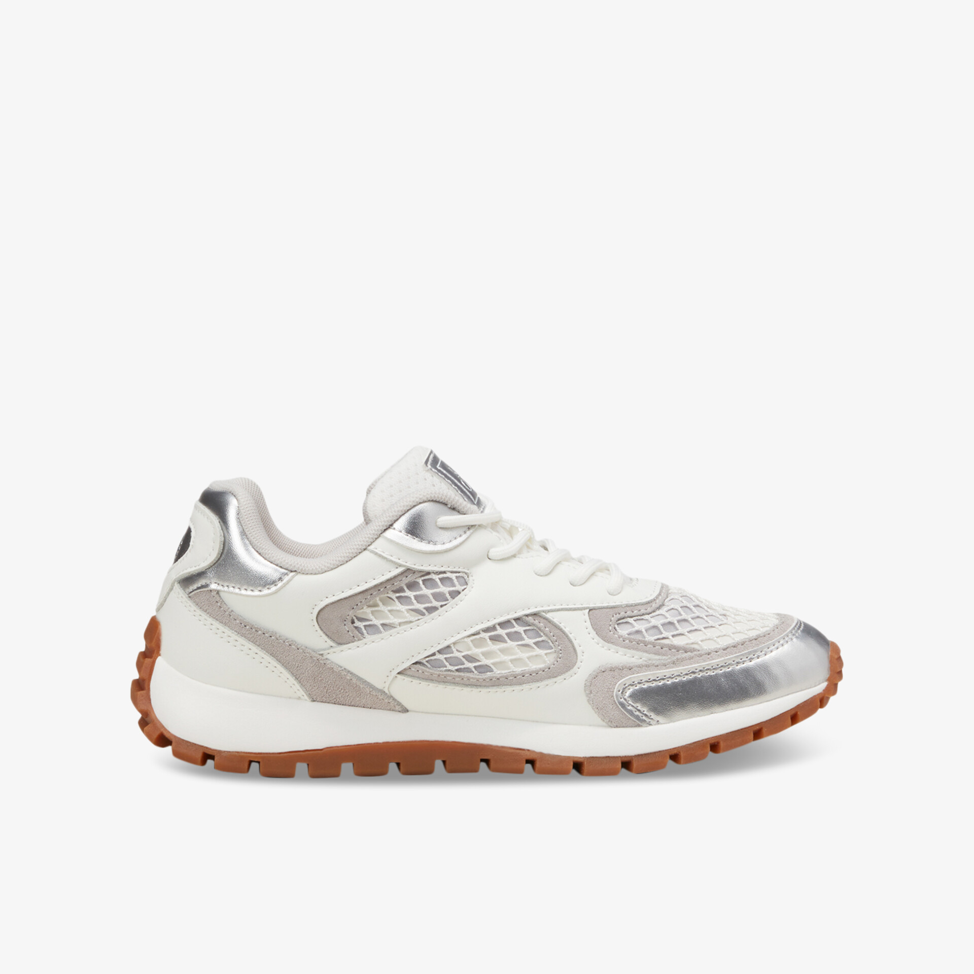 leichter Sneaker mit atmungsaktivem Obermaterial und rutschfester Sohle, seitliche Ansicht in Weiß und Grau