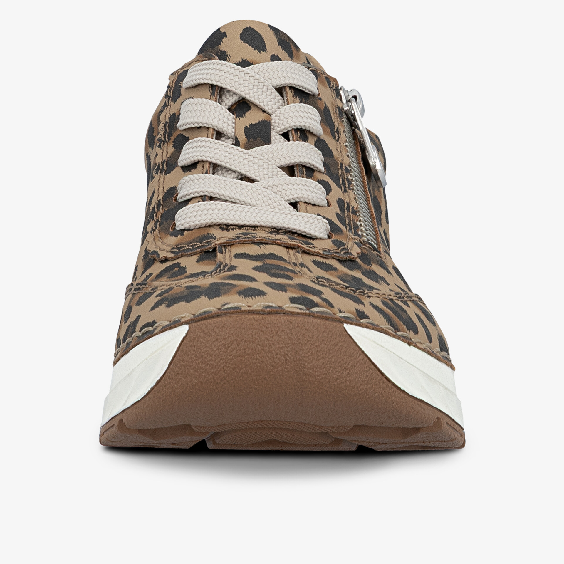 Front view of a comfortable leopard print sneaker with durable sole and lace-up design