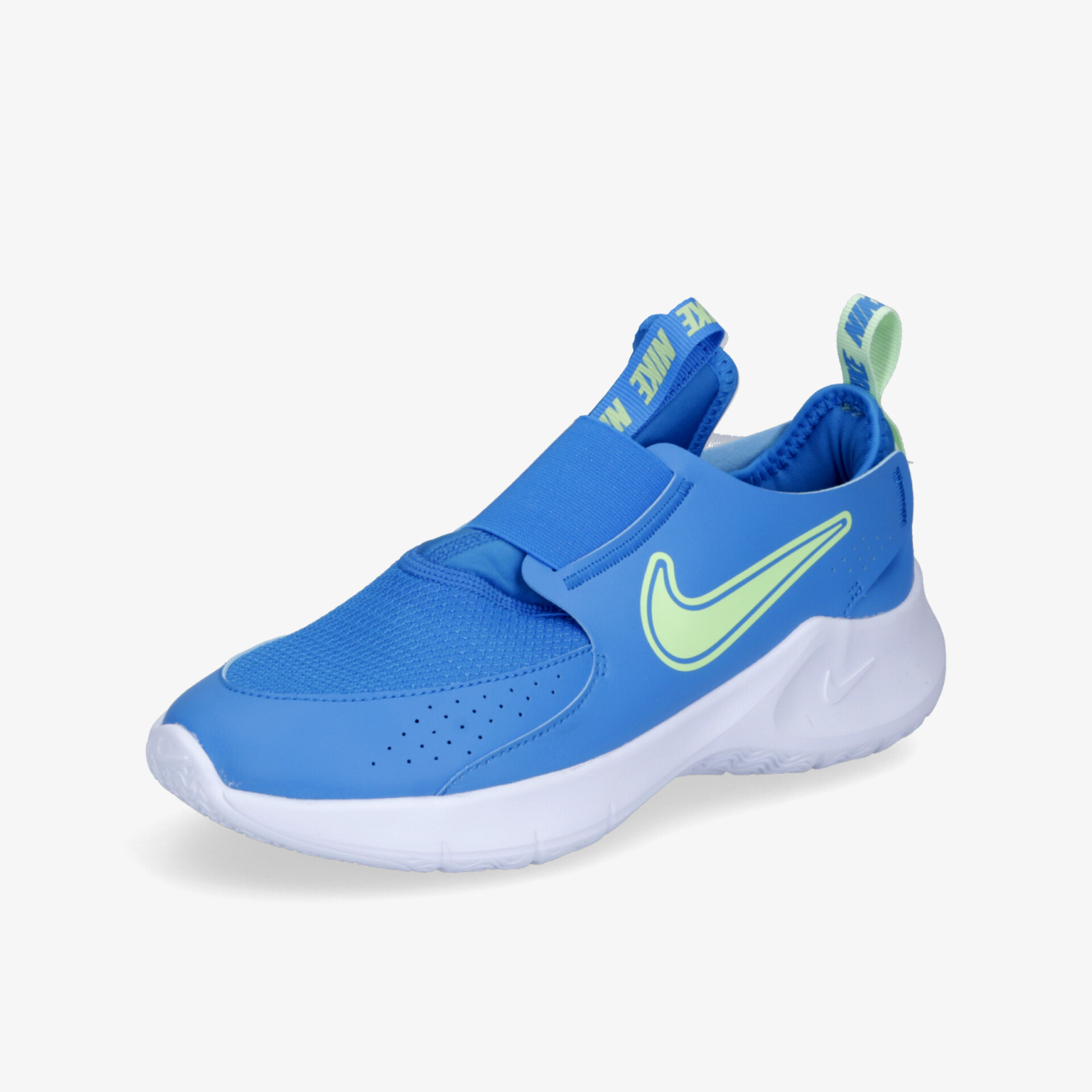 Blauer, leichter Sportschuh mit elastischem Riemen, atmungsaktivem Material und flexibler, weißer Sohle