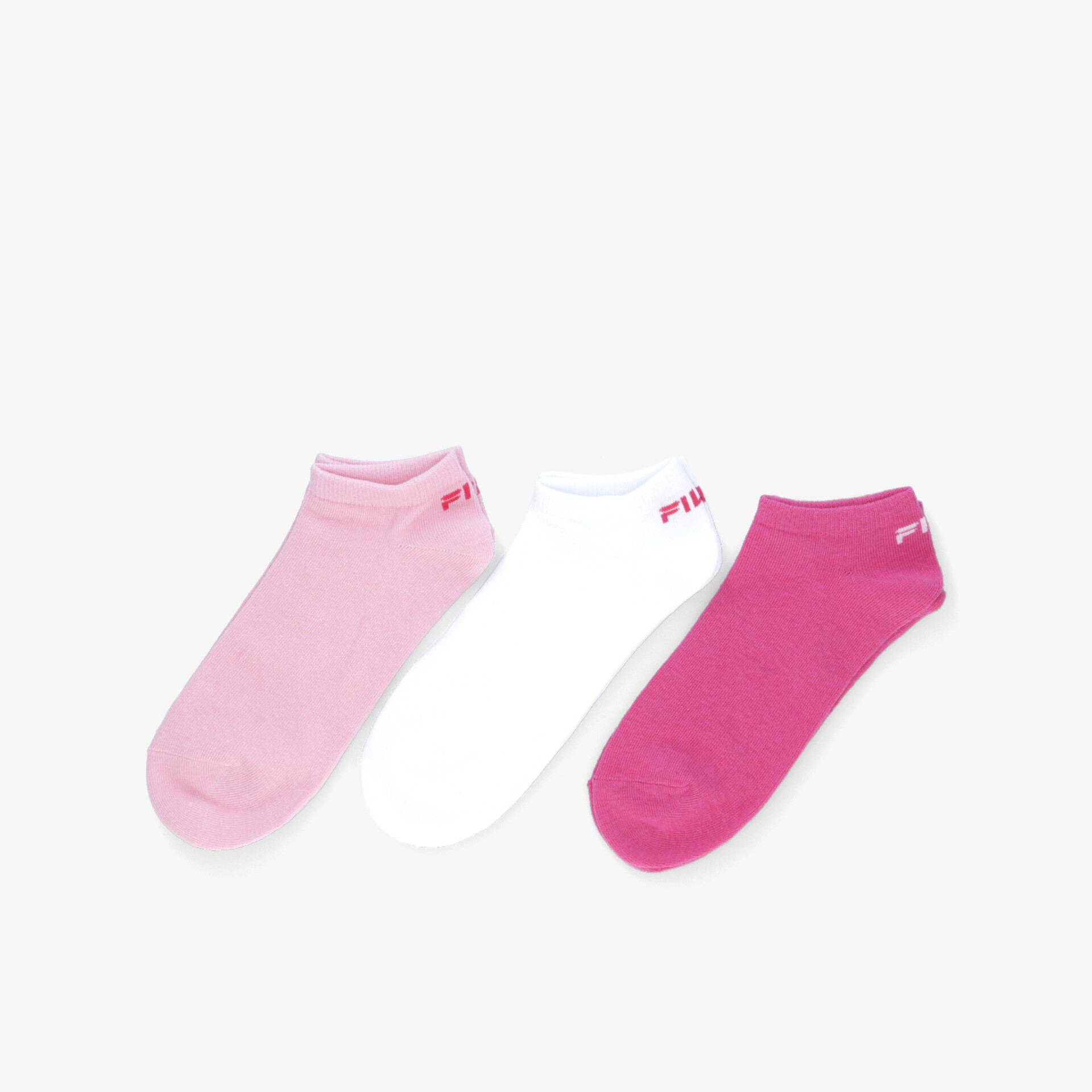 Set aus drei bunten kurzen Socken in Pink, Weiß und Rosa, bequem und elastisch für sportlichen Komfort