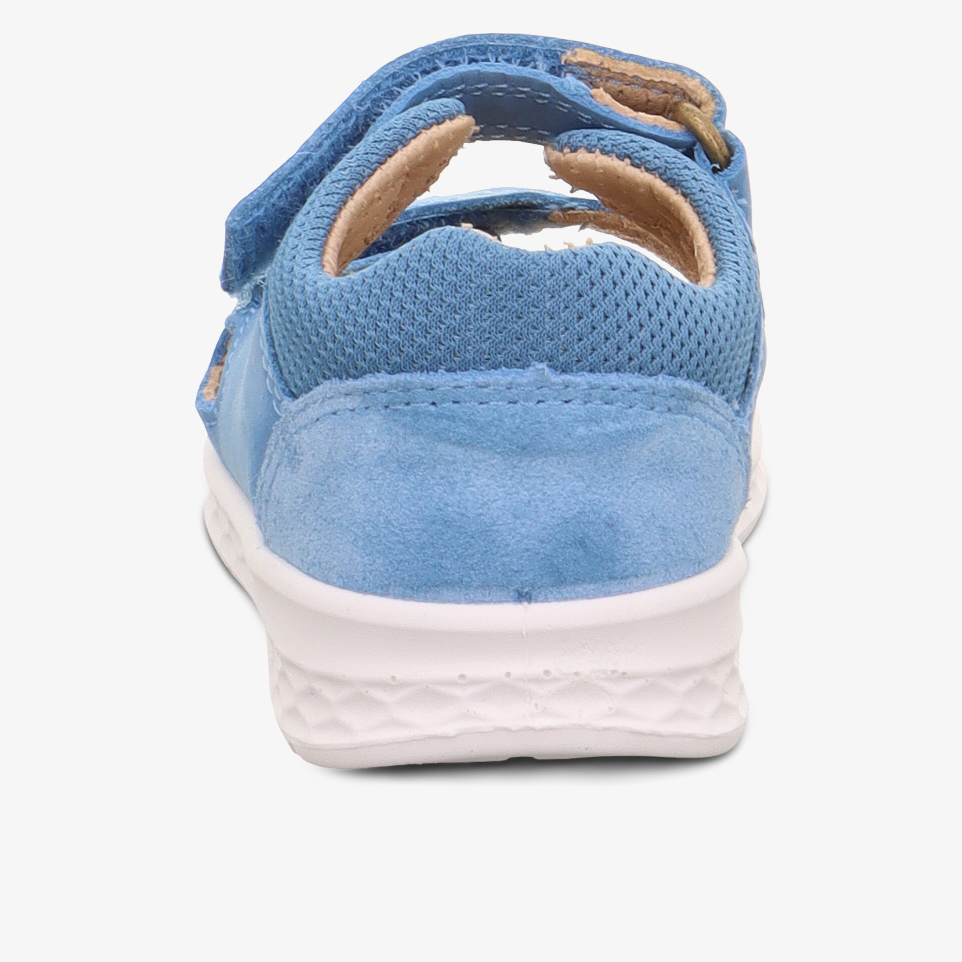 Rückansicht eines bequemen blauen Sommerschuhs mit atmungsaktivem Material und verstellbarem Klettverschluss