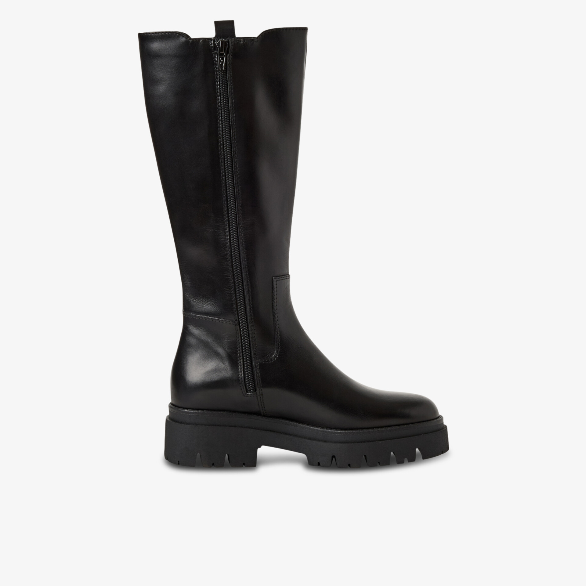 Schwarzer kniehoher Lederstiefel mit Reißverschluss und robustem Blockabsatz in seitlicher Ansicht