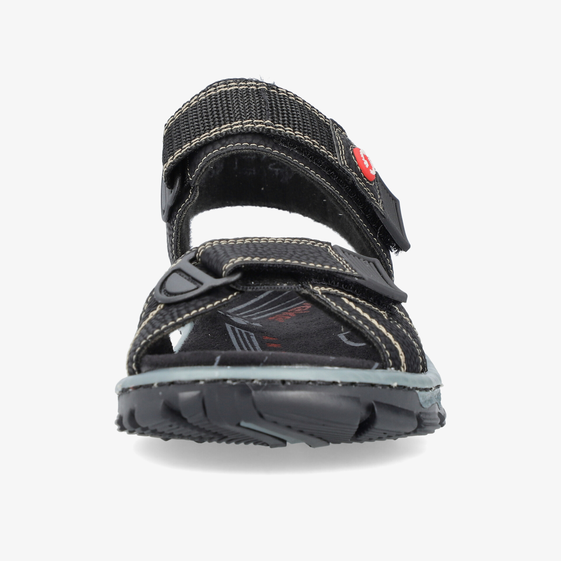 Robuste schwarze Outdoor-Sandale mit verstellbaren Riemen und rutschfester Sohle in Frontansicht