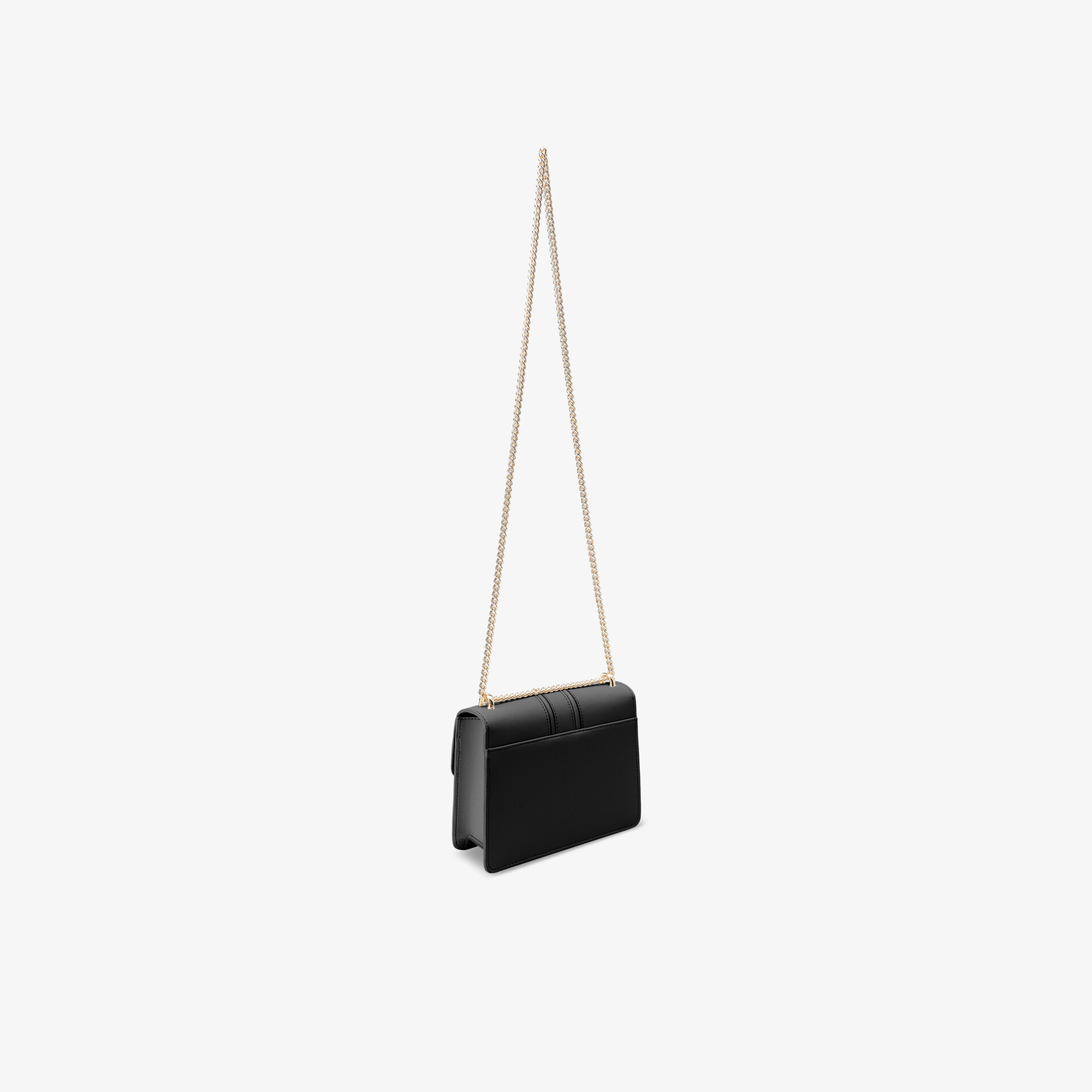 Elegante kleine schwarze Tasche aus feinem Leder mit goldener Kette und praktischer Verschlussklappe