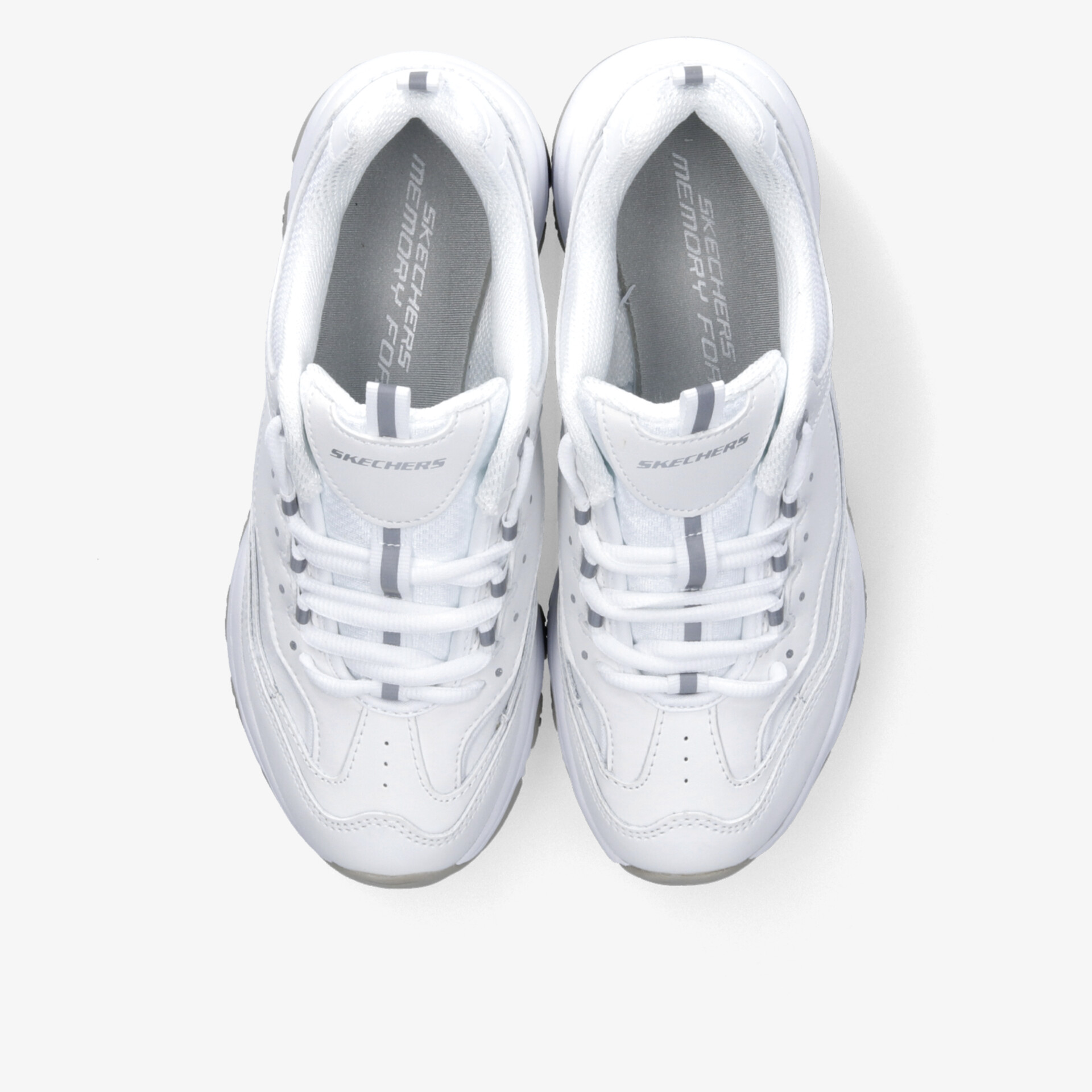 Weißes Sneaker-Paar in Draufsicht, bequemes und langlebiges Design mit gepolsterter Innensohle und robuster Schnürung