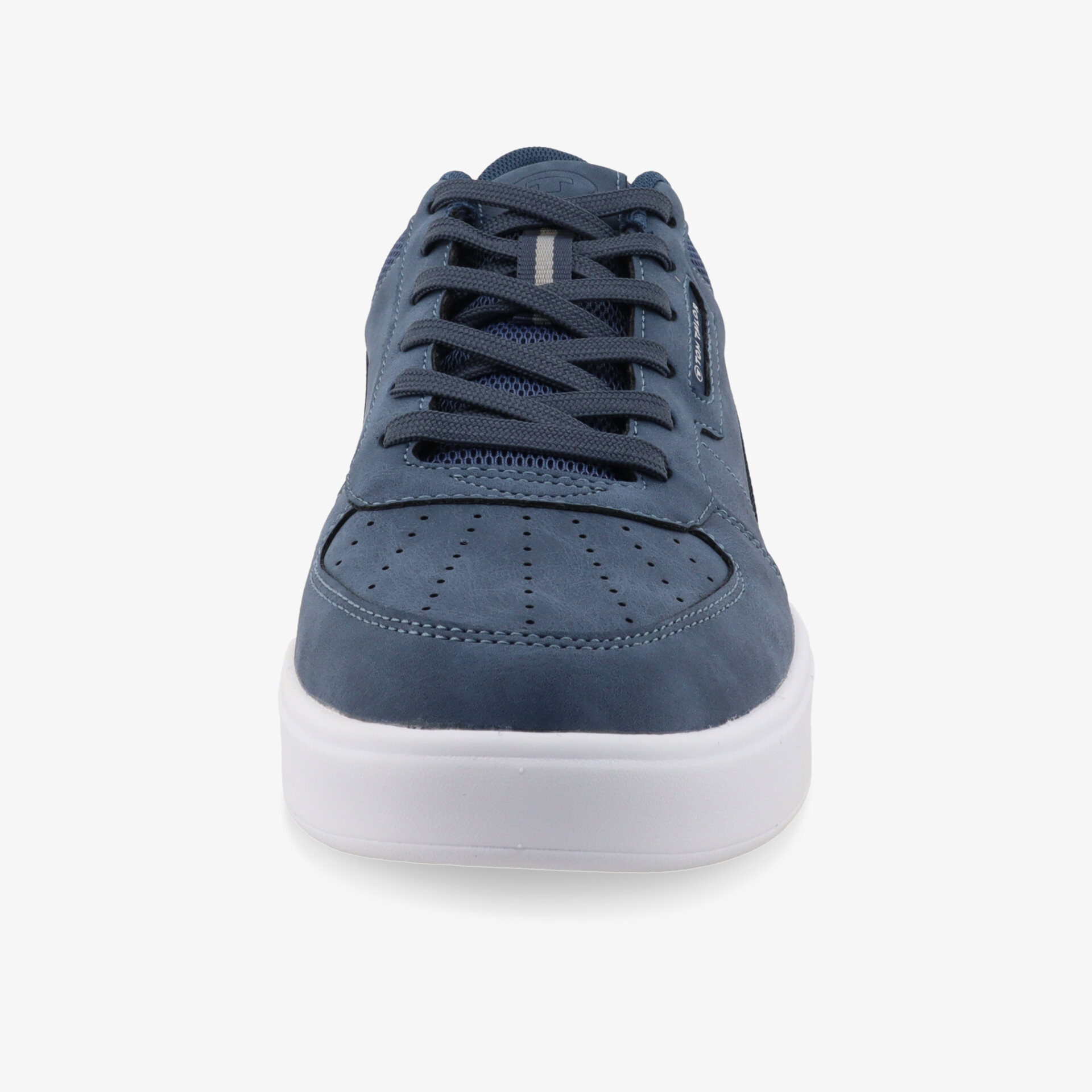 Blauer Sneaker Frontansicht mit bequemer Polsterung, atmungsaktivem Material und robuster weißer Sohle