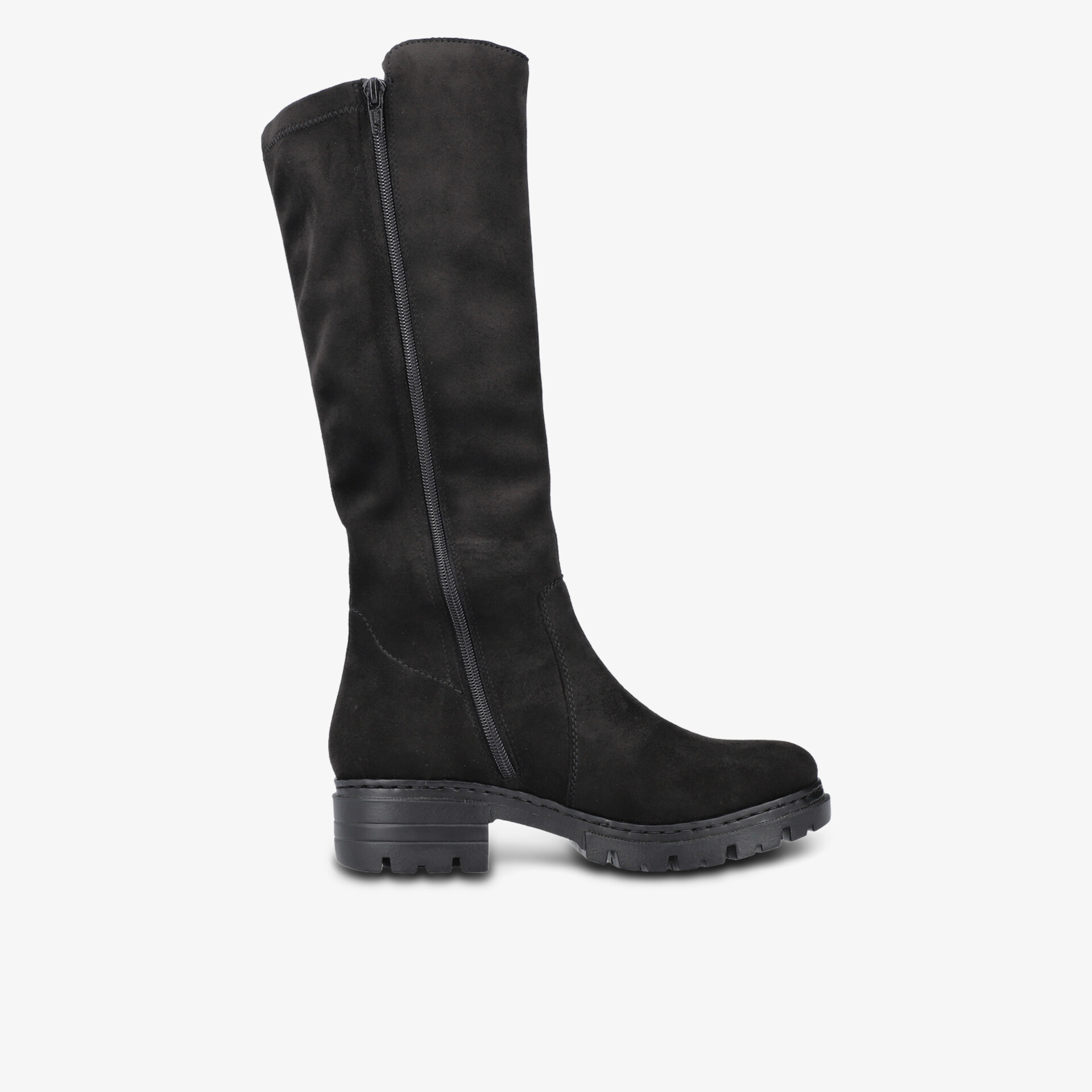 Schwarzer hoher Stiefel mit robustem Blockabsatz und seitlichem Reißverschluss in klarer Seitenansicht