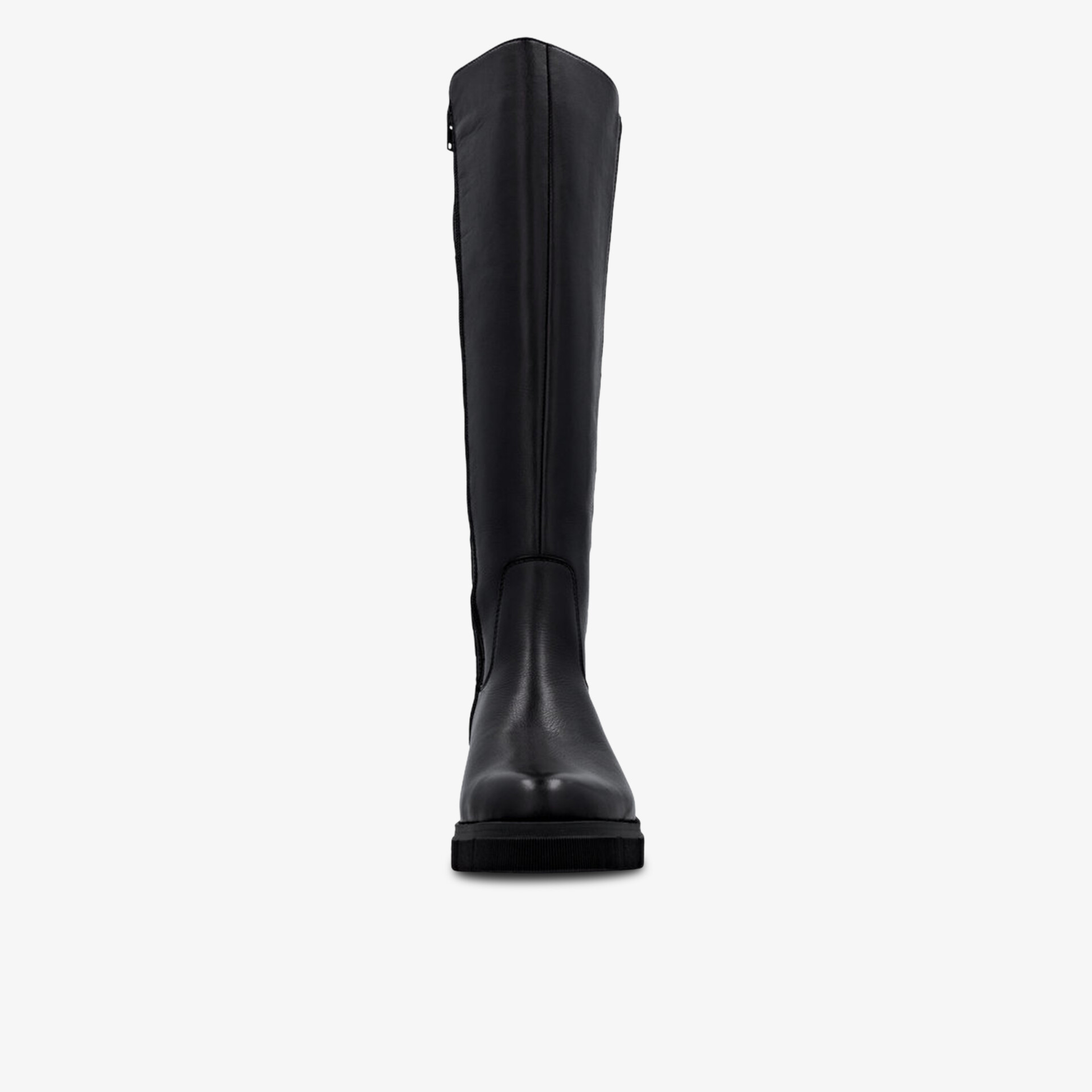 Schwarzer hoher Stiefel mit glattem Leder und runder Zehenpartie, robust und elegant gestaltet