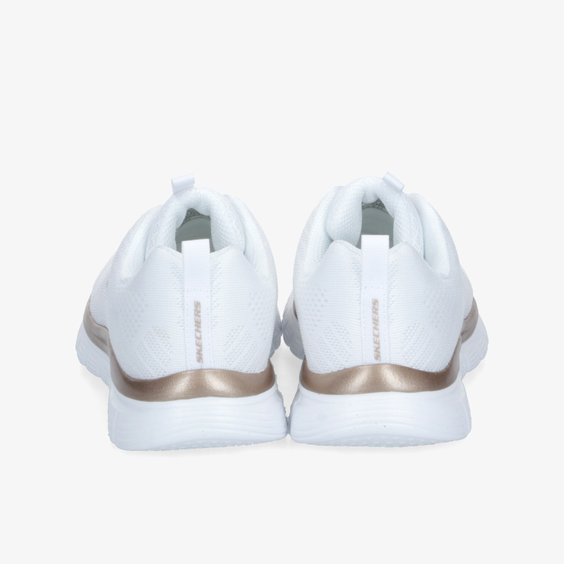 Weiße Sportschuhe mit gepolstertem Fersenbereich und stilvollem Metallic-Akzent, Rückansicht des vollständigen Paars