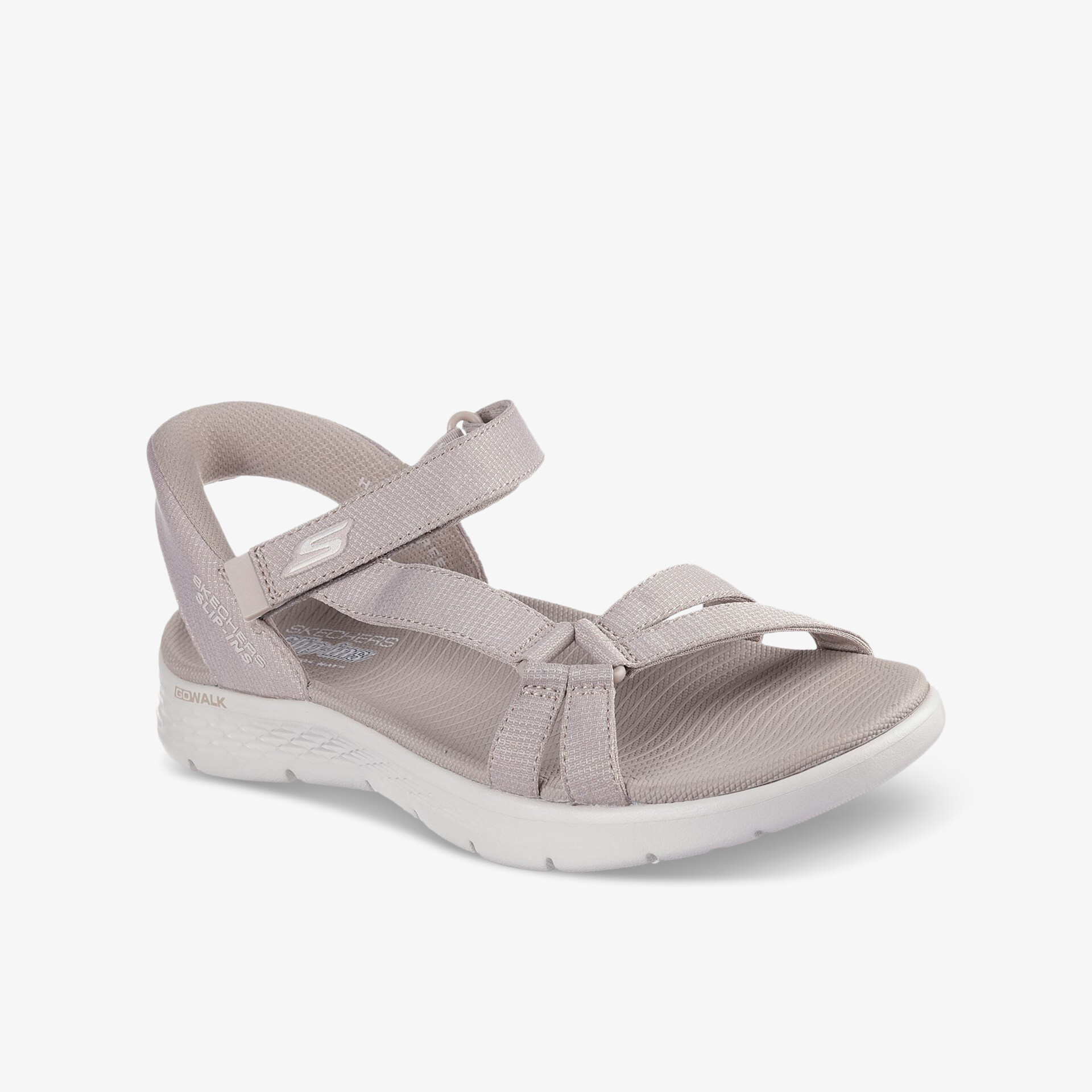 Bequeme sportliche Sandale in beige mit verstellbaren Klettverschlüssen und rutschfester Sohle, seitliche Ansicht