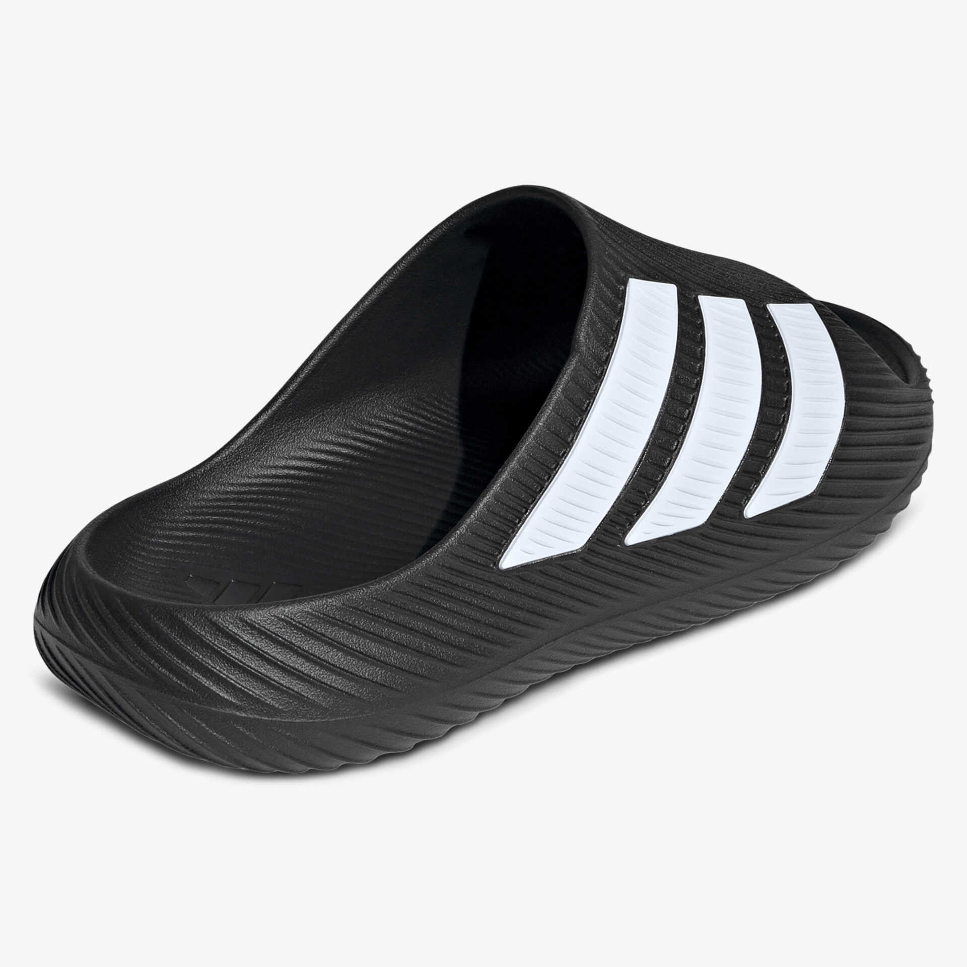 Leichter und komfortabler schwarzer Badeschlappen mit markanten weißen Streifen, sportives Design