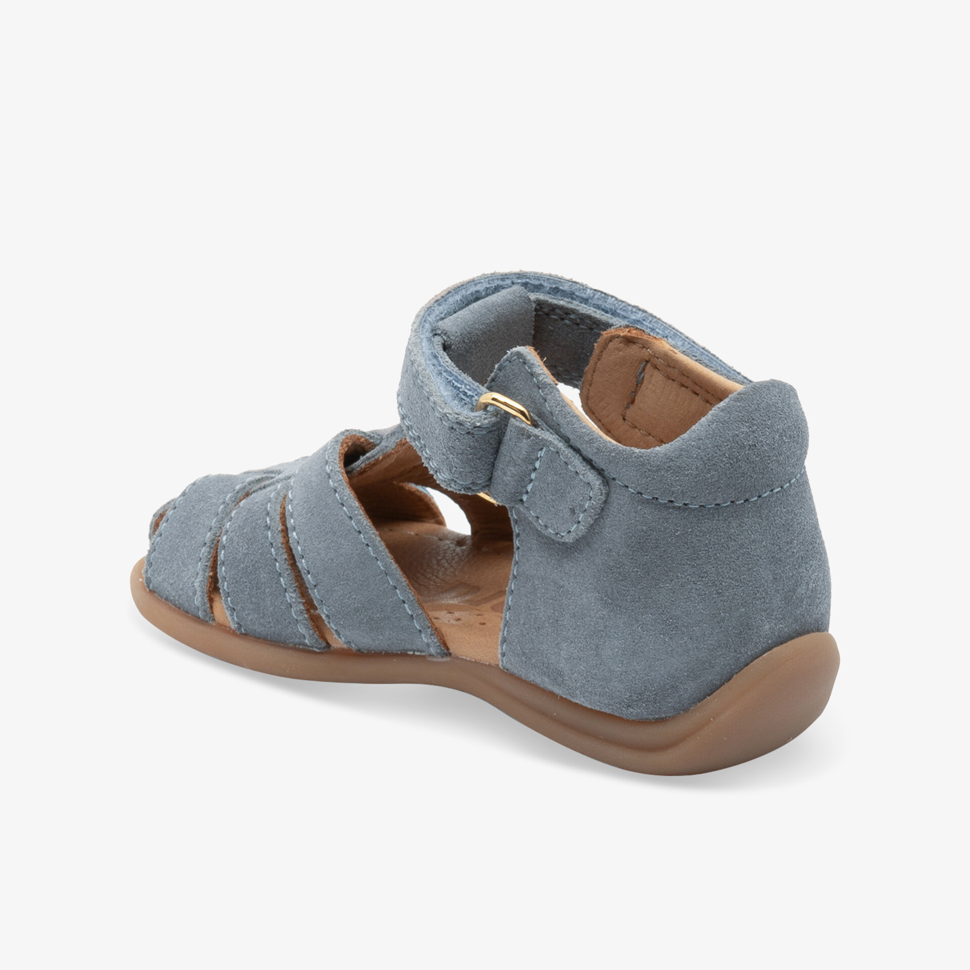 Bequeme blaue Kindersandale mit verstellbarem Klettverschluss und flexibler, rutschfester Sohle, seitliche Ansicht