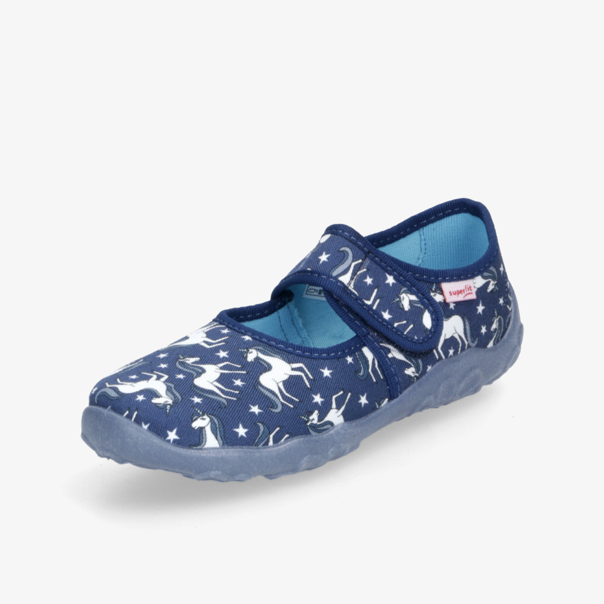 Bequemer blauer Ballerina mit Einhornmuster, rutschfester Sohle und praktischem Klettverschluss für leichte Handhabung
